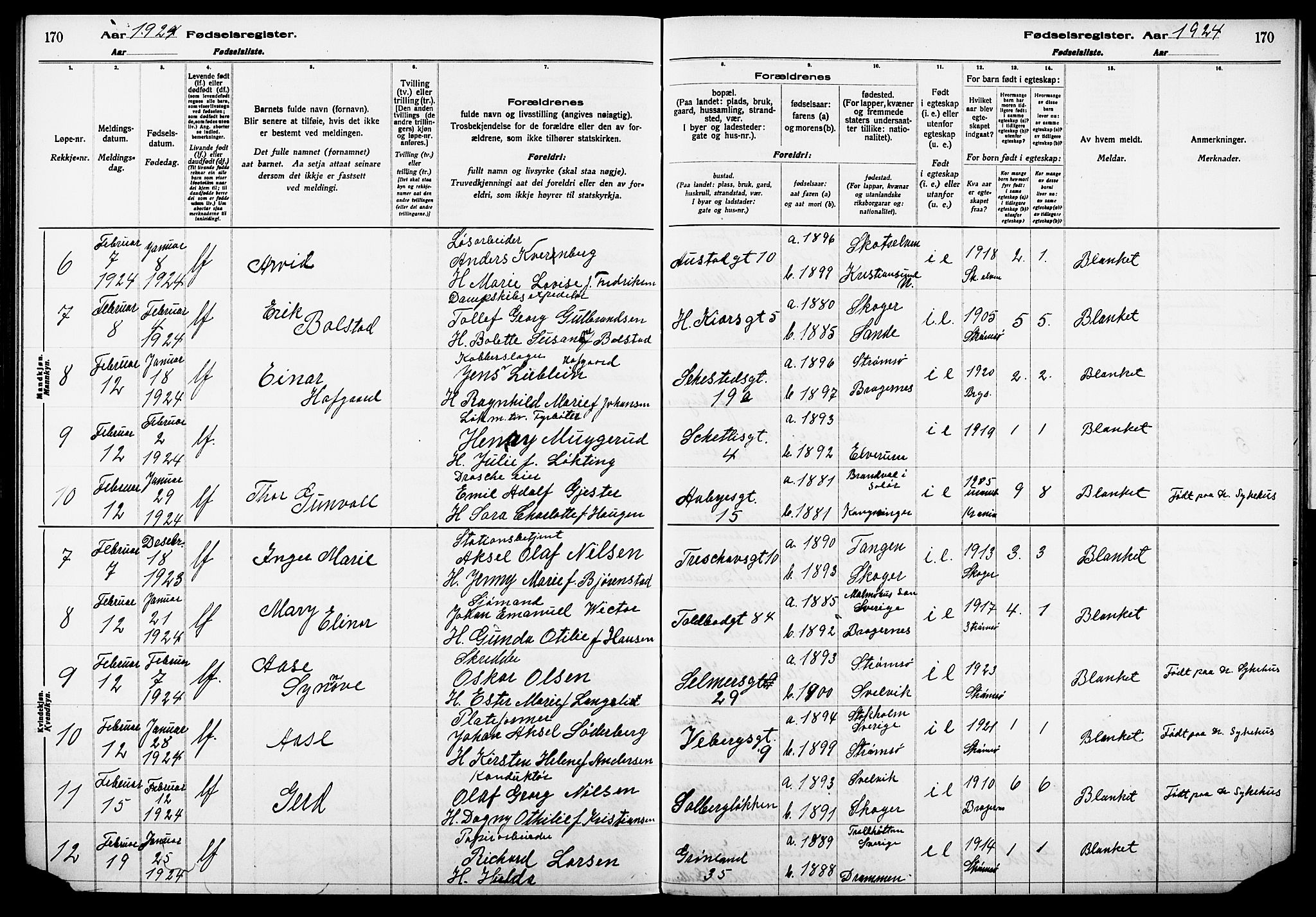 Strømsø kirkebøker, AV/SAKO-A-246/J/Ja/L0001: Birth register no. I 1, 1916-1925, p. 170