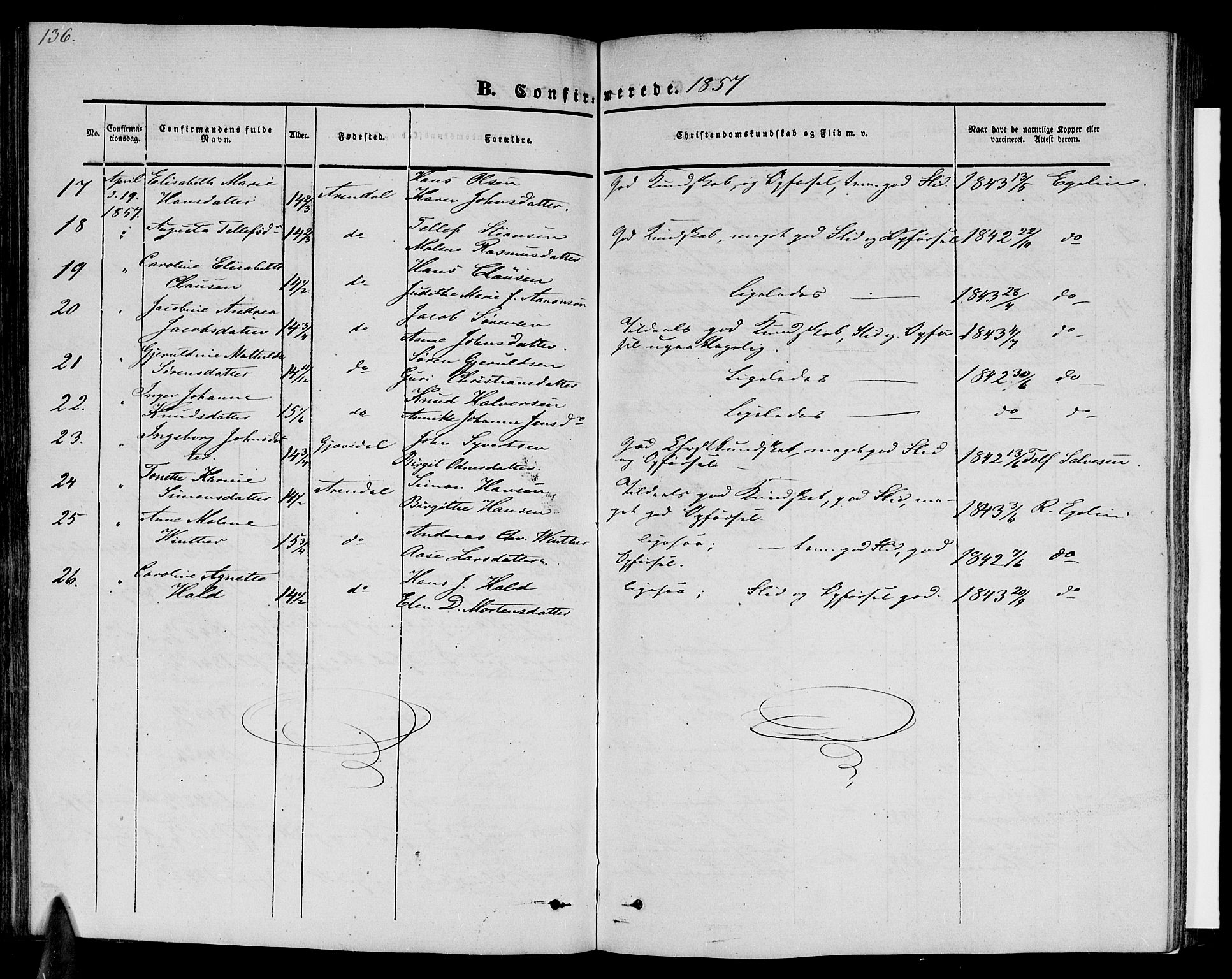 Arendal sokneprestkontor, Trefoldighet, AV/SAK-1111-0040/F/Fb/L0002: Parish register (copy) no. B 2, 1838-1860, p. 136