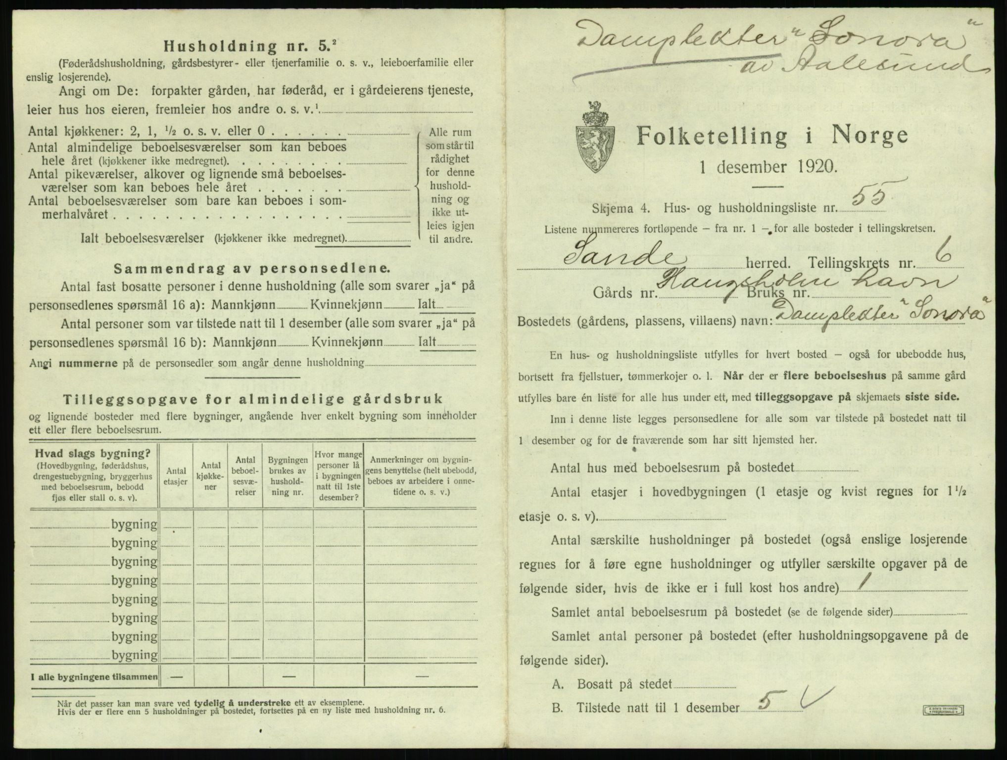 SAT, 1920 census for Sande (MR), 1920, p. 564