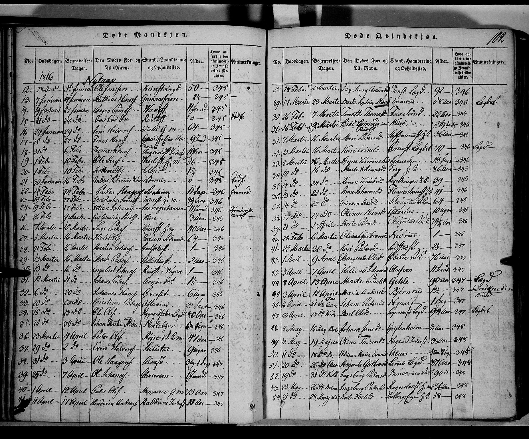Toten prestekontor, SAH/PREST-102/H/Ha/Hab/L0001: Parish register (copy) no. 1, 1814-1820, p. 102