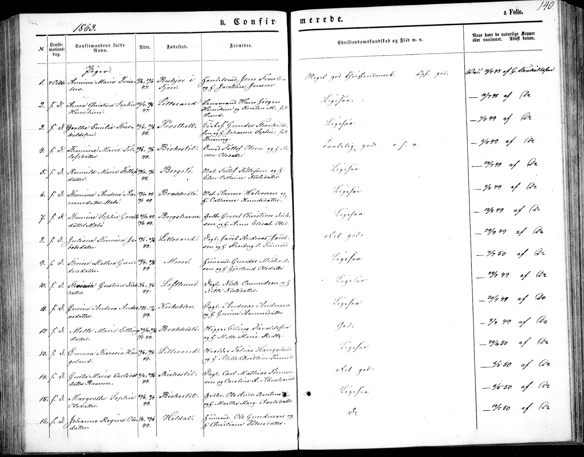 Vestre Moland sokneprestkontor, SAK/1111-0046/F/Fb/Fbb/L0004: Parish register (copy) no. B 4, 1861-1872, p. 140