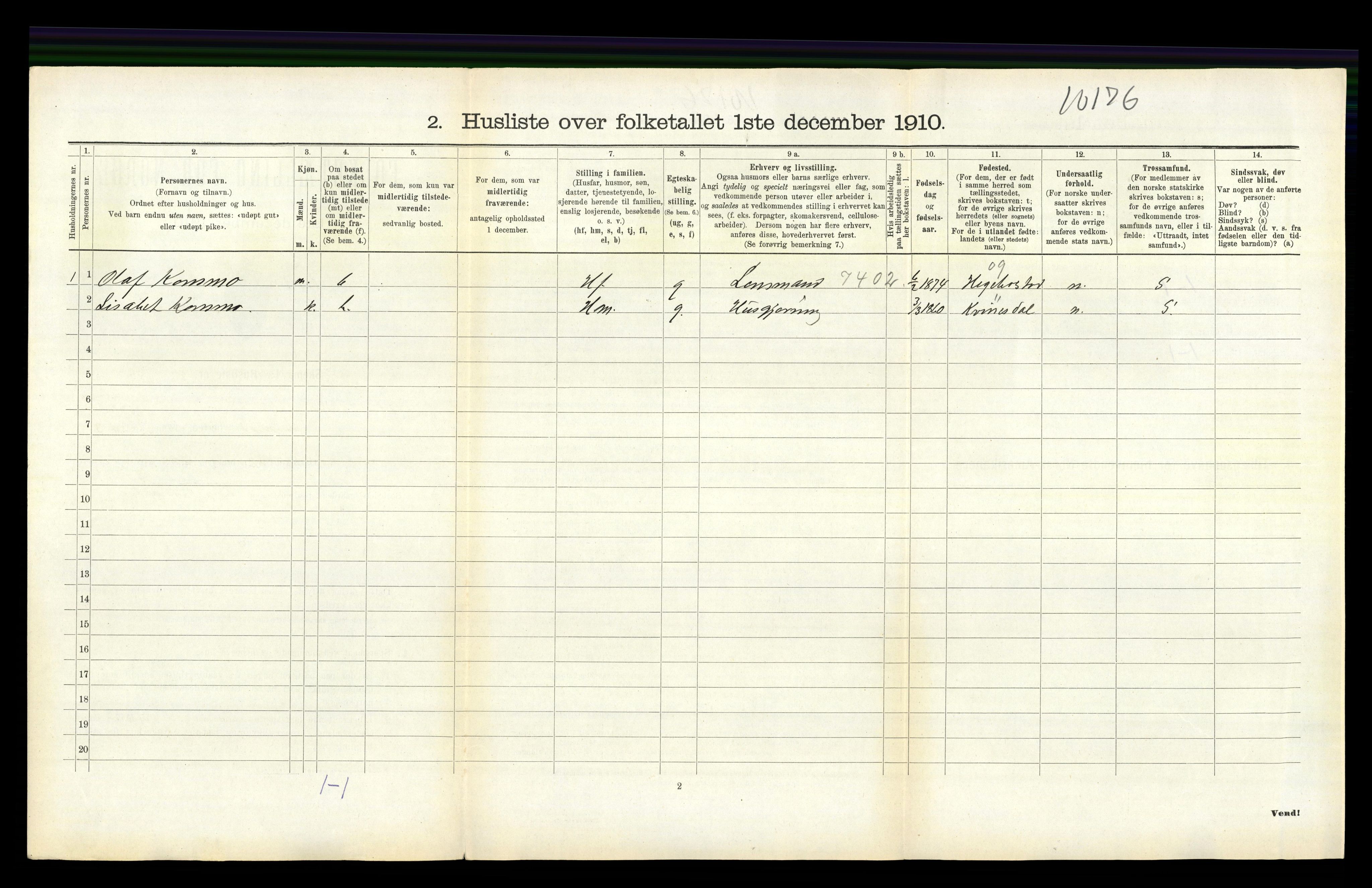 RA, 1910 census for Tonstad, 1910, p. 109