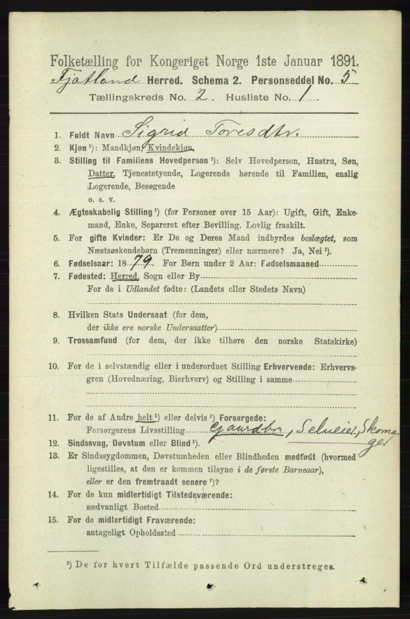 RA, 1891 census for 1036 Fjotland, 1891, p. 240