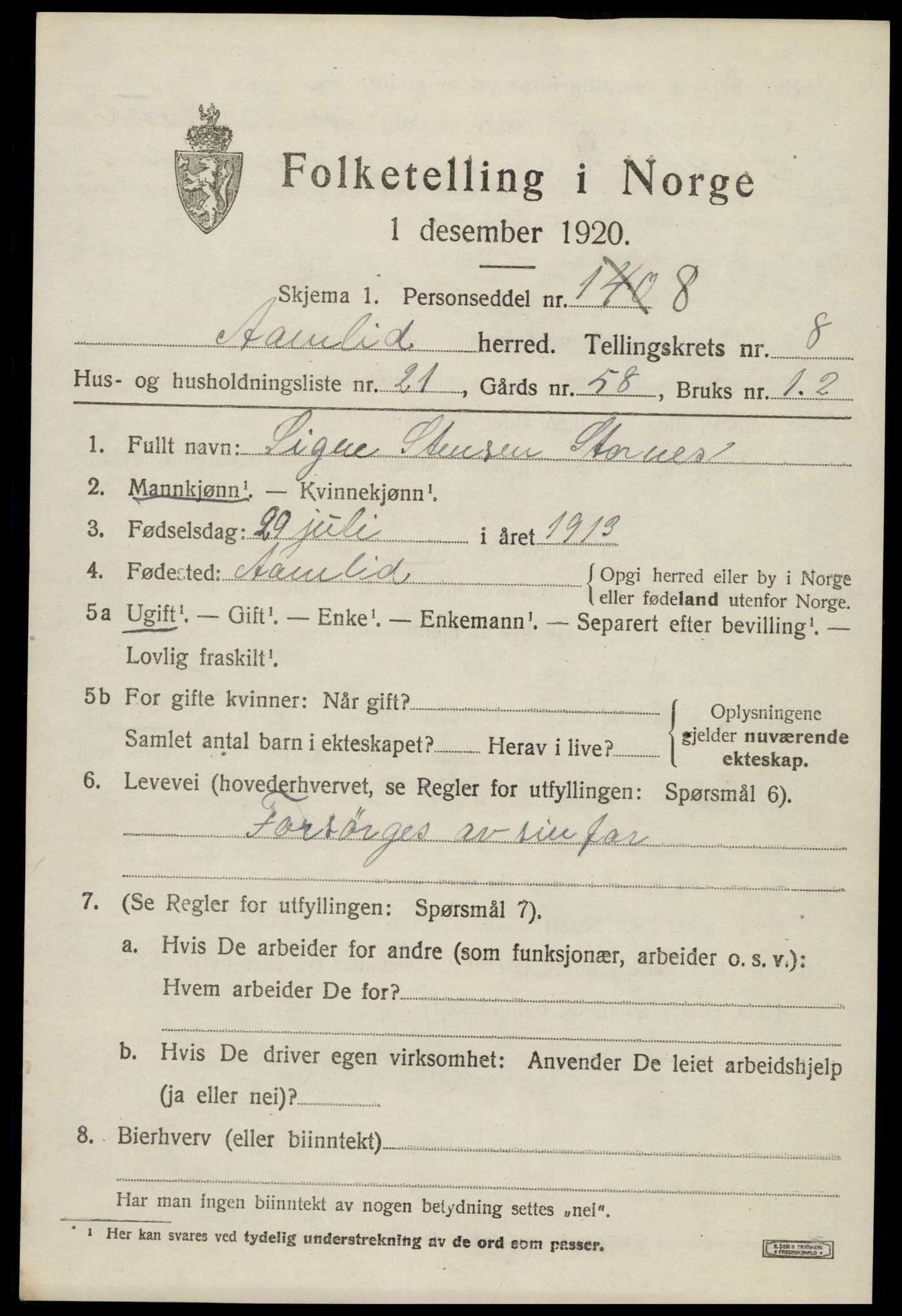 SAK, 1920 census for Åmli, 1920, p. 3463