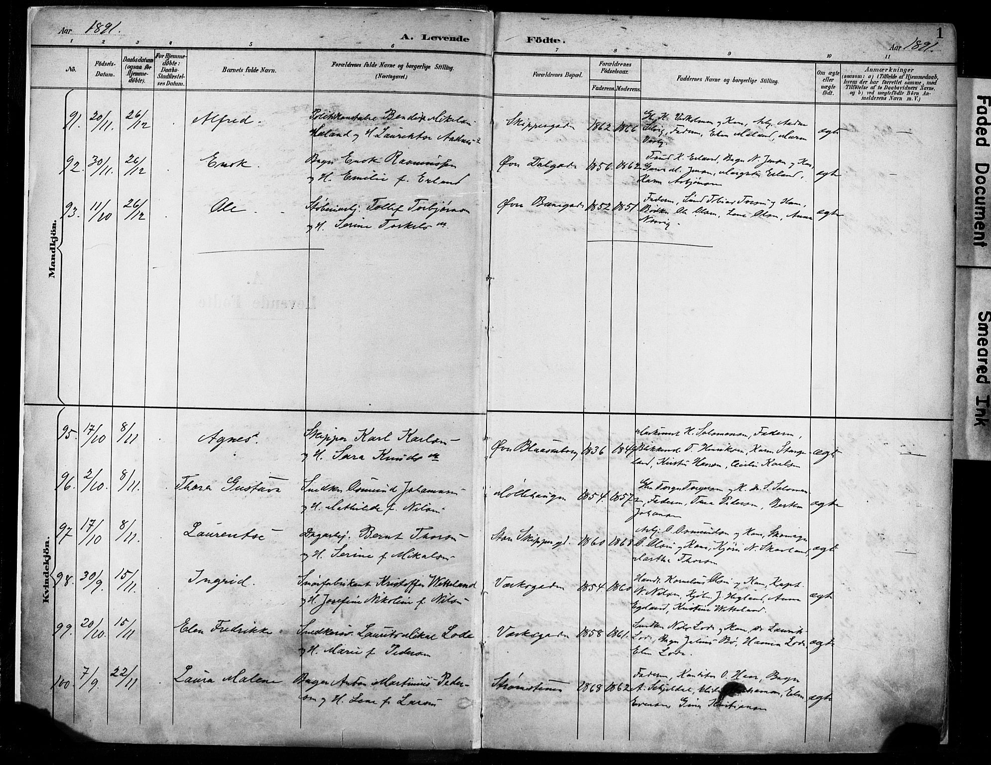 St. Johannes sokneprestkontor, SAST/A-101814/001/30/30BA/L0004: Parish register (official) no. A 4, 1891-1899, p. 1