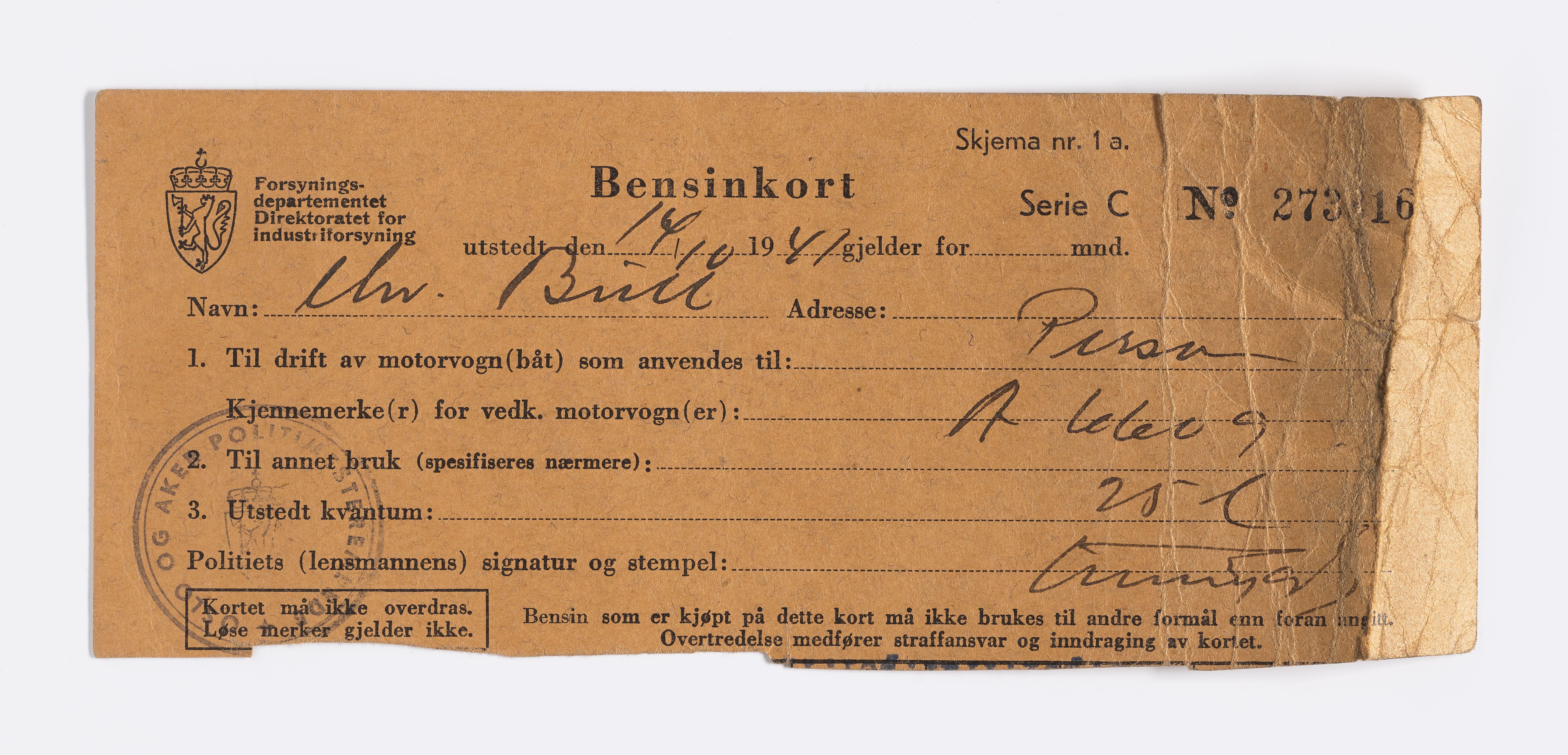 Thomas Bolstad Natvig, AFM/GRI-1019/D/Da/L0001/0005: Dokumenter / Rasjoneringskort, 1941