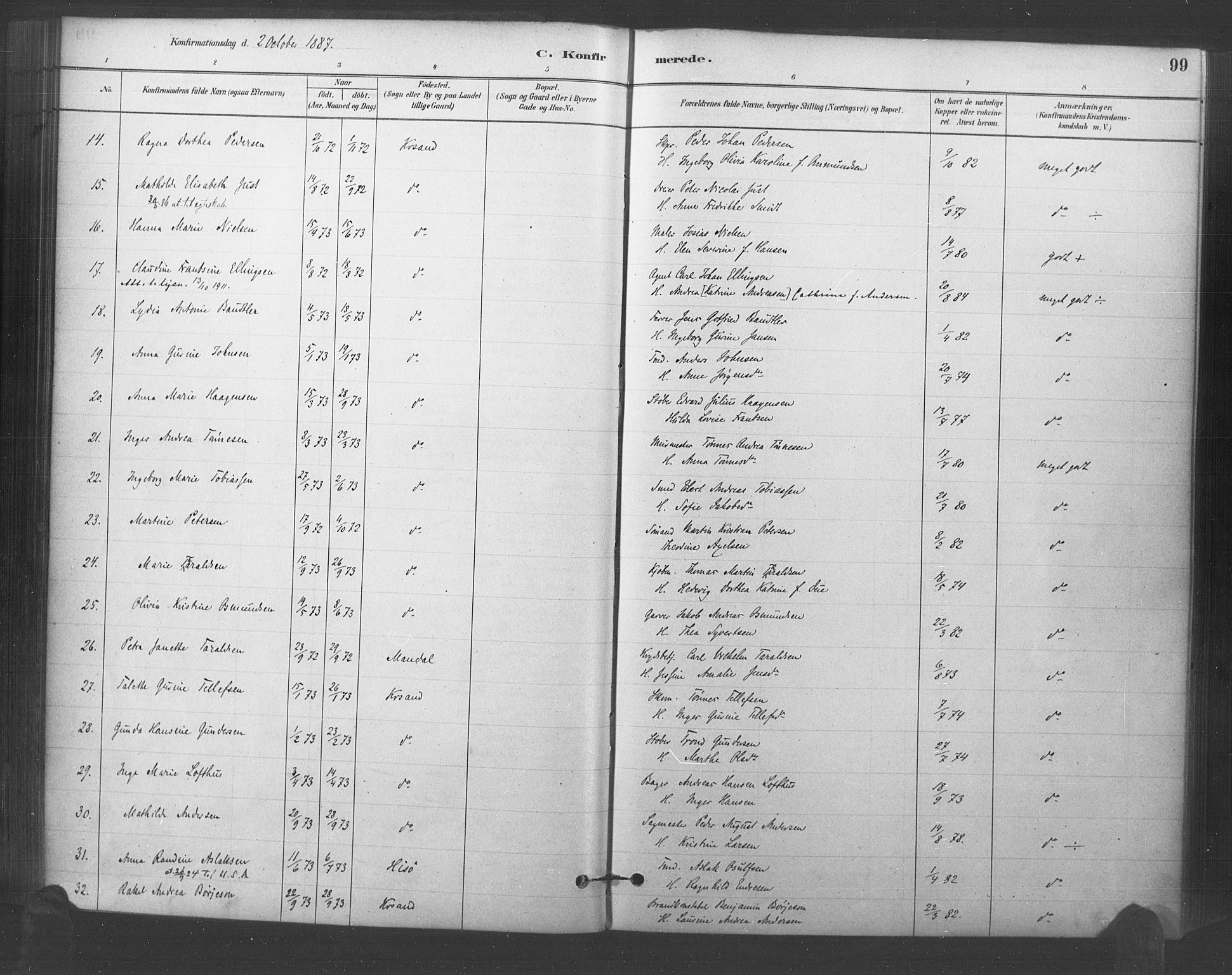 Kristiansand domprosti, AV/SAK-1112-0006/F/Fa/L0018: Parish register (official) no. A 17, 1880-1892, p. 99