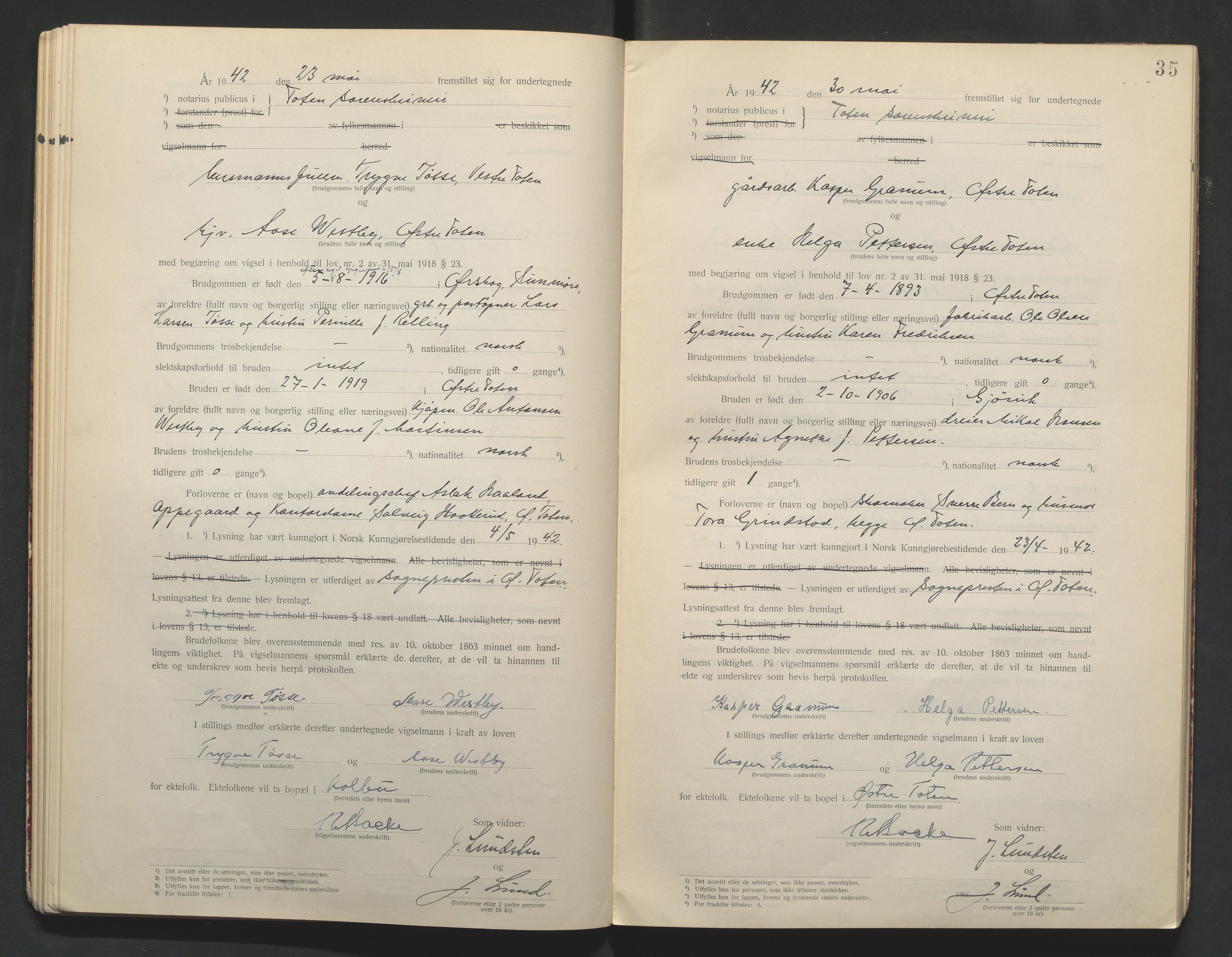 Toten tingrett, AV/SAH-TING-006/L/Lc/L0001: Vigselbok, 1920-1942, p. 35