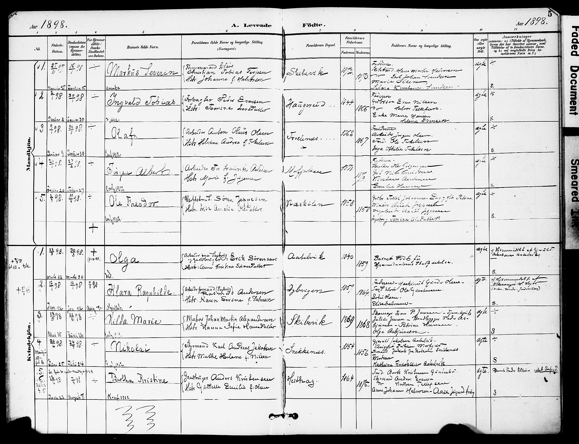 Austre Moland sokneprestkontor, SAK/1111-0001/F/Fa/Fab/L0002: Parish register (official) no. A 2, 1894-1919, p. 5
