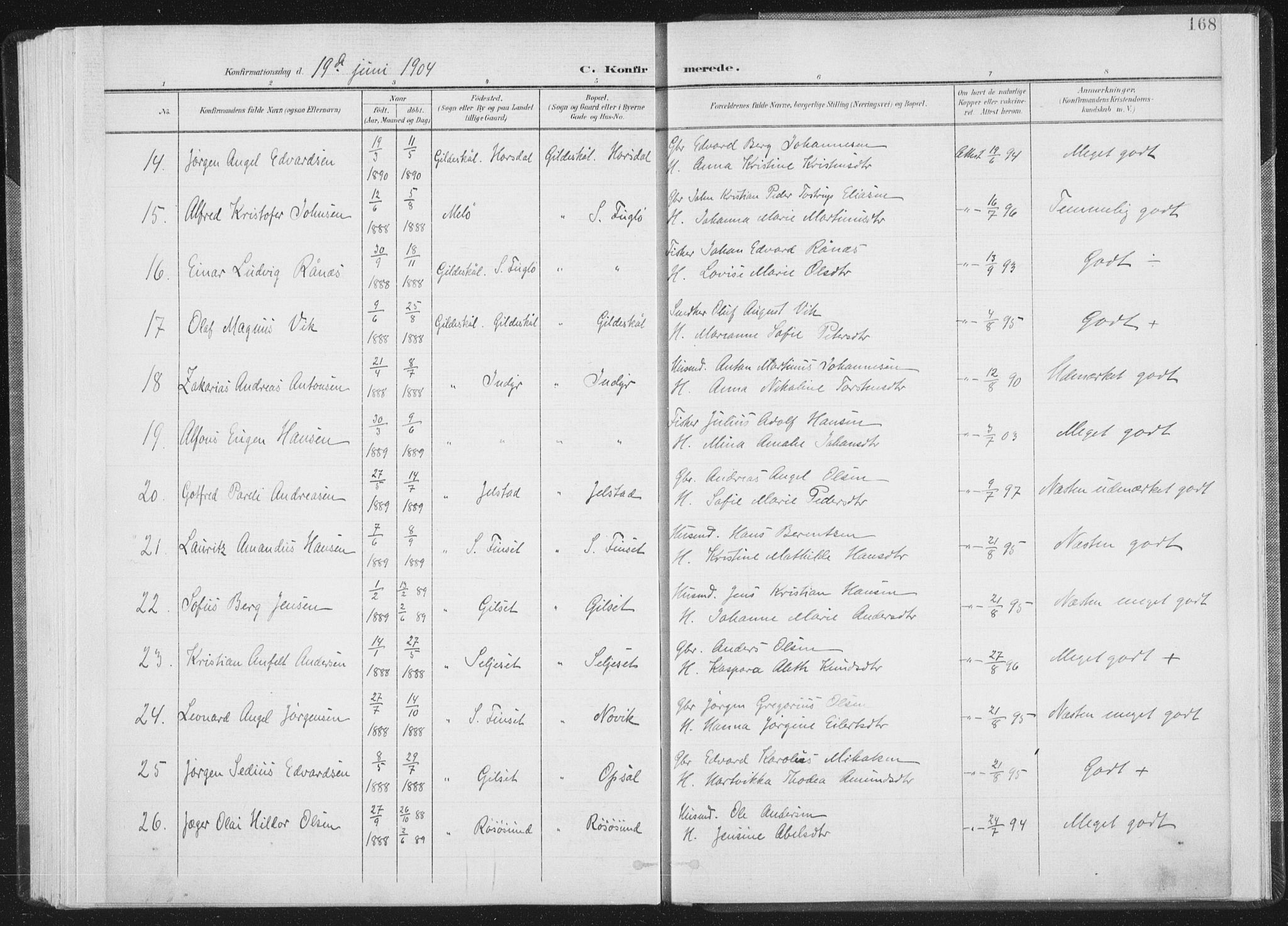 Ministerialprotokoller, klokkerbøker og fødselsregistre - Nordland, AV/SAT-A-1459/805/L0102: Parish register (official) no. 805A08I, 1900-1909, p. 168