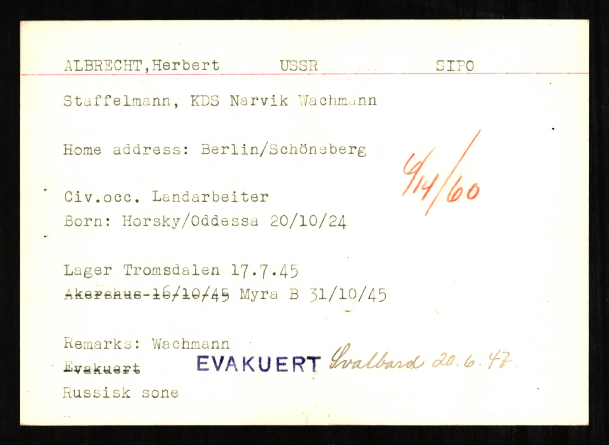 Forsvaret, Forsvarets overkommando II, AV/RA-RAFA-3915/D/Db/L0001: CI Questionaires. Tyske okkupasjonsstyrker i Norge. Tyskere., 1945-1946, p. 132