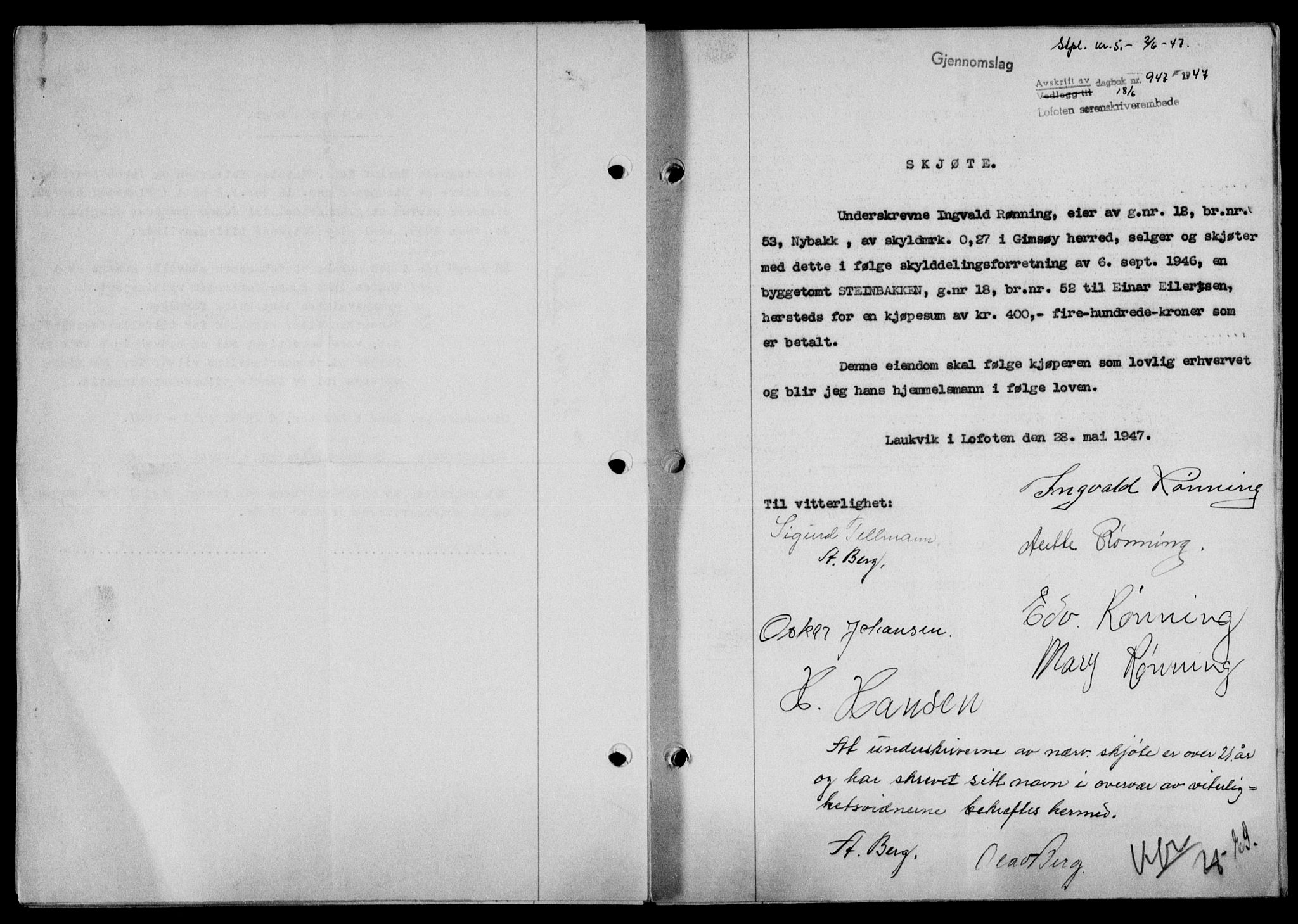 Lofoten sorenskriveri, SAT/A-0017/1/2/2C/L0016a: Mortgage book no. 16a, 1947-1947, Diary no: : 947/1947