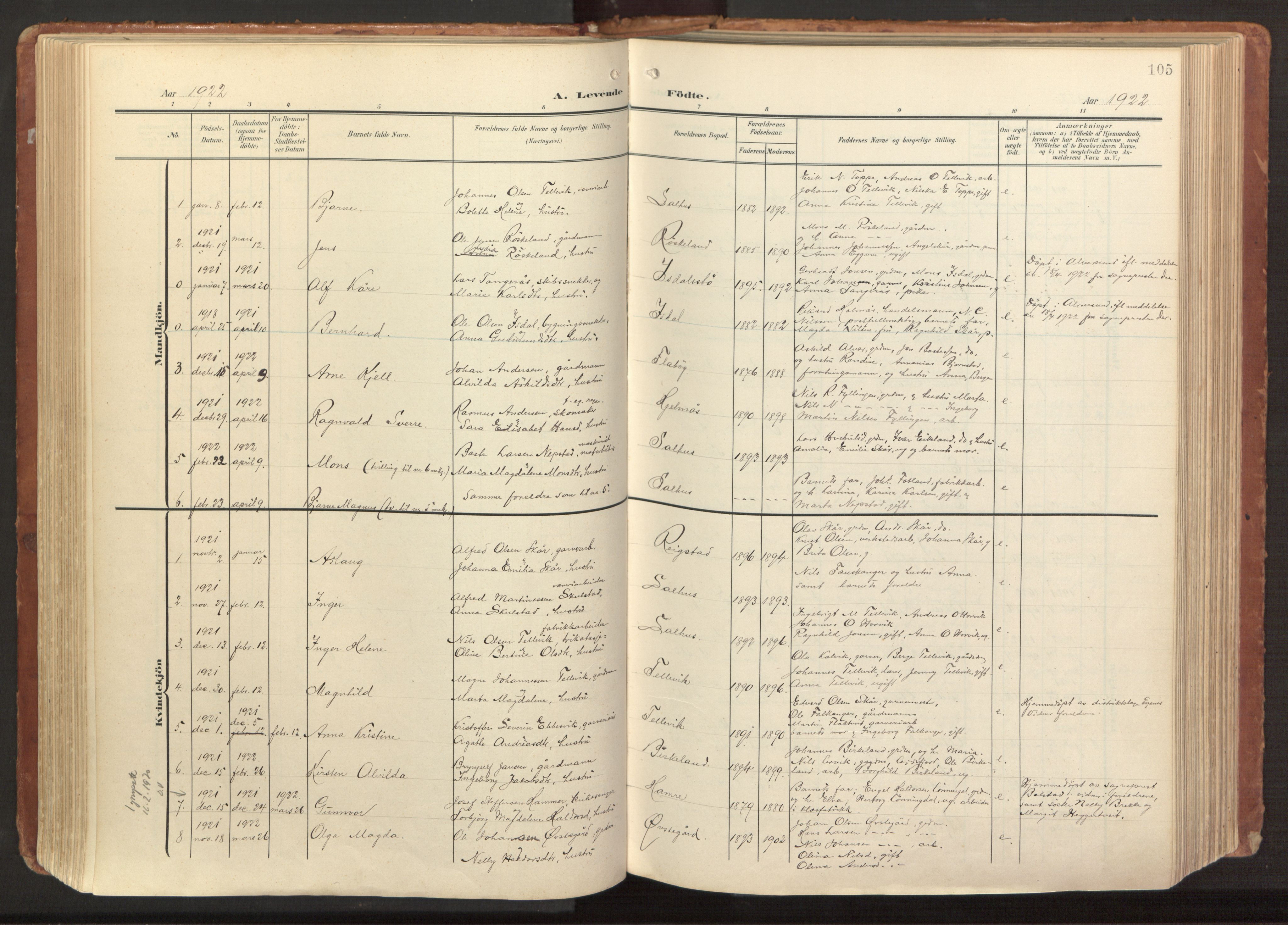 Hamre sokneprestembete, AV/SAB-A-75501/H/Ha/Haa/Haab/L0002: Parish register (official) no. B 2, 1905-1924, p. 105