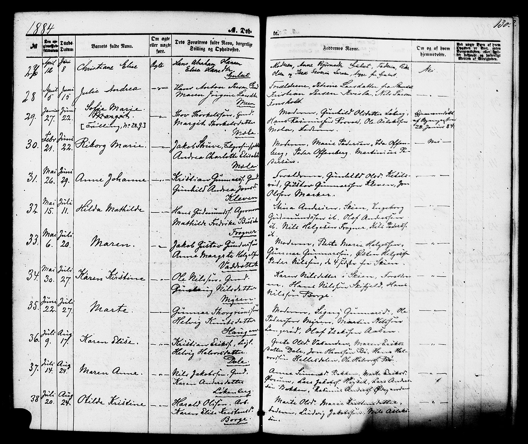 Gjerpen kirkebøker, AV/SAKO-A-265/F/Fa/L0009: Parish register (official) no. I 9, 1872-1885, p. 130