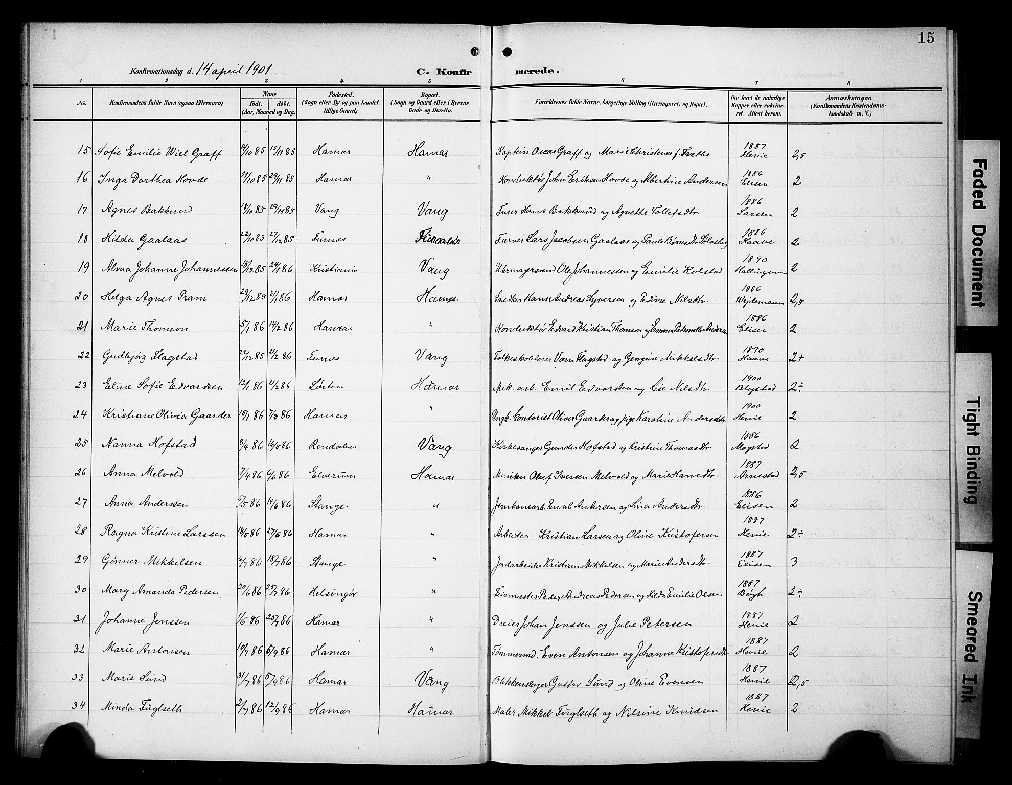 Hamar prestekontor, SAH/DOMPH-002/H/Ha/Hab/L0002: Parish register (copy) no. 2, 1899-1929, p. 15
