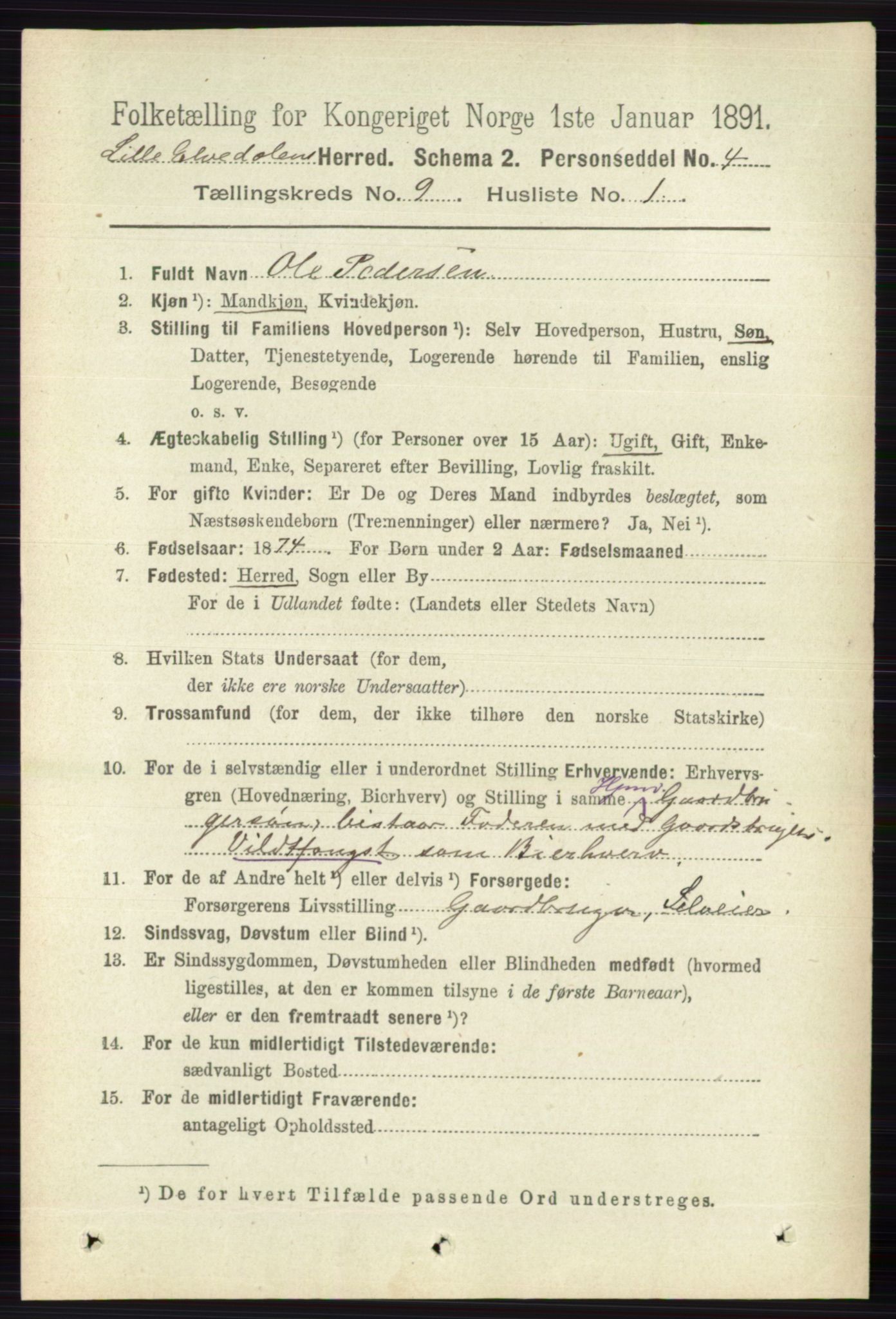 RA, 1891 census for 0438 Lille Elvedalen, 1891, p. 2804