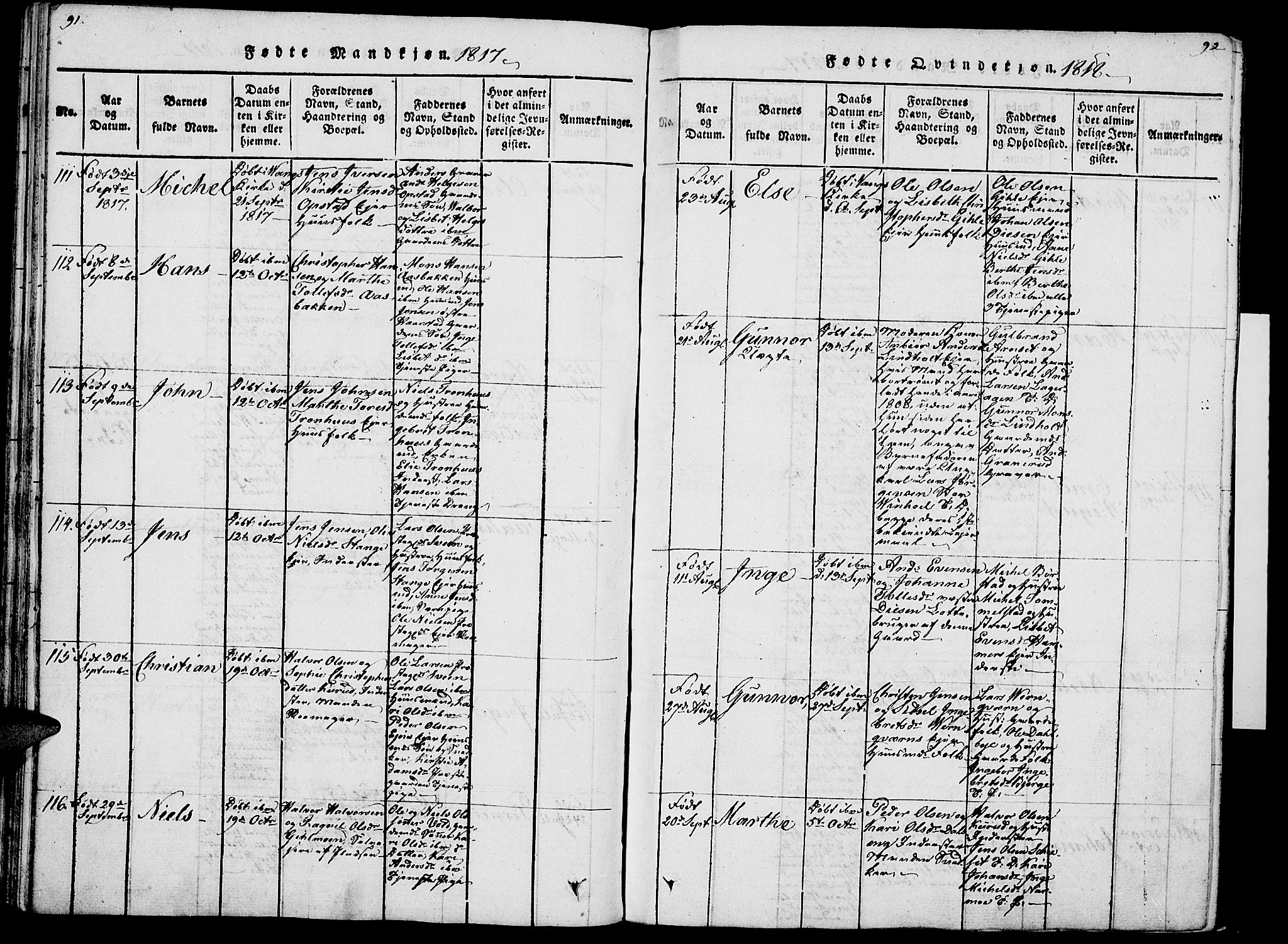 Vang prestekontor, Hedmark, AV/SAH-PREST-008/H/Ha/Haa/L0007: Parish register (official) no. 7, 1813-1826, p. 91-92