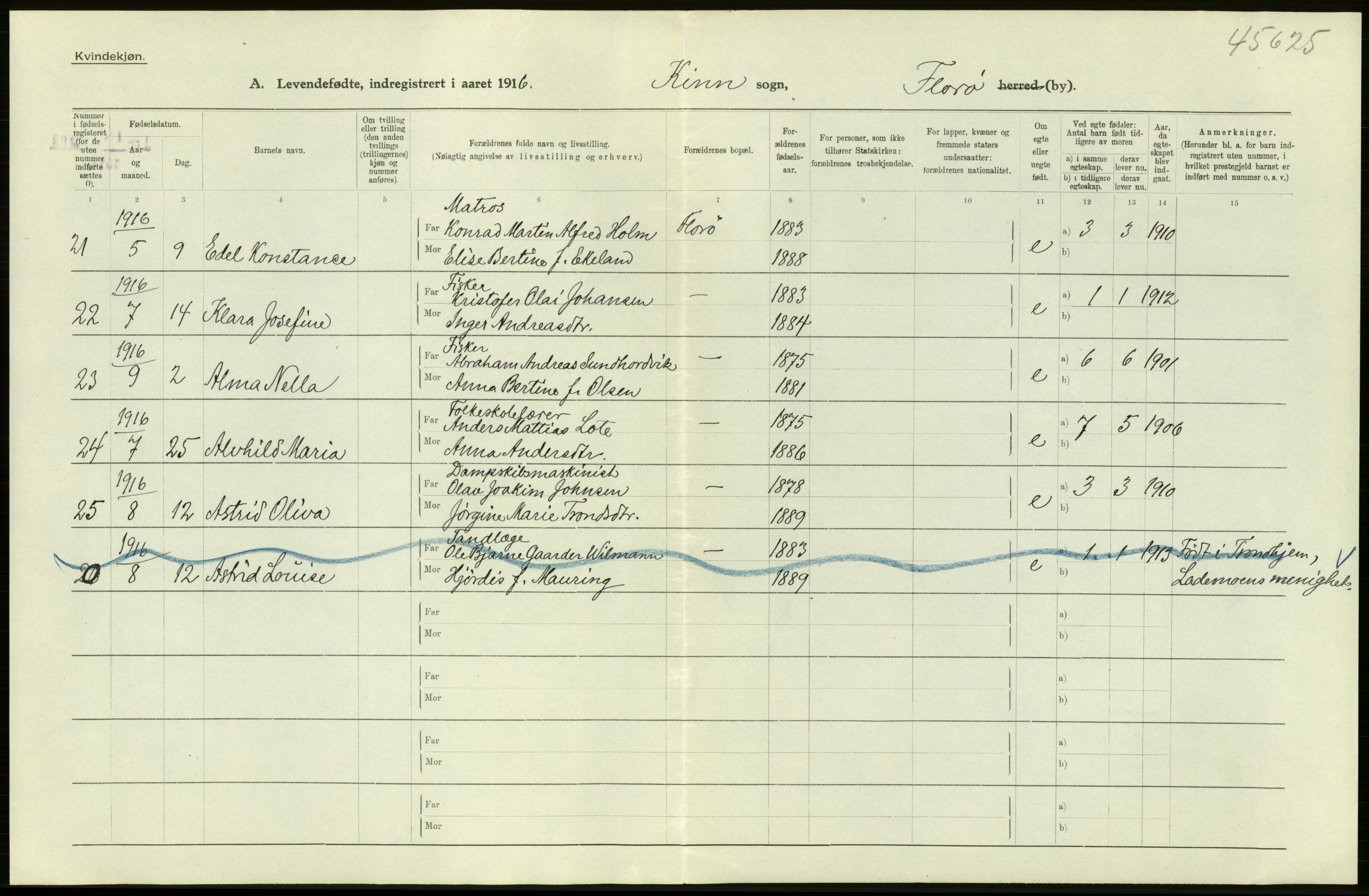 Statistisk sentralbyrå, Sosiodemografiske emner, Befolkning, AV/RA-S-2228/D/Df/Dfb/Dfbf/L0041: Florø by: Levendefødte menn og kvinner, gifte, døde, dødfødte.  Bygder og byer., 1916, p. 14