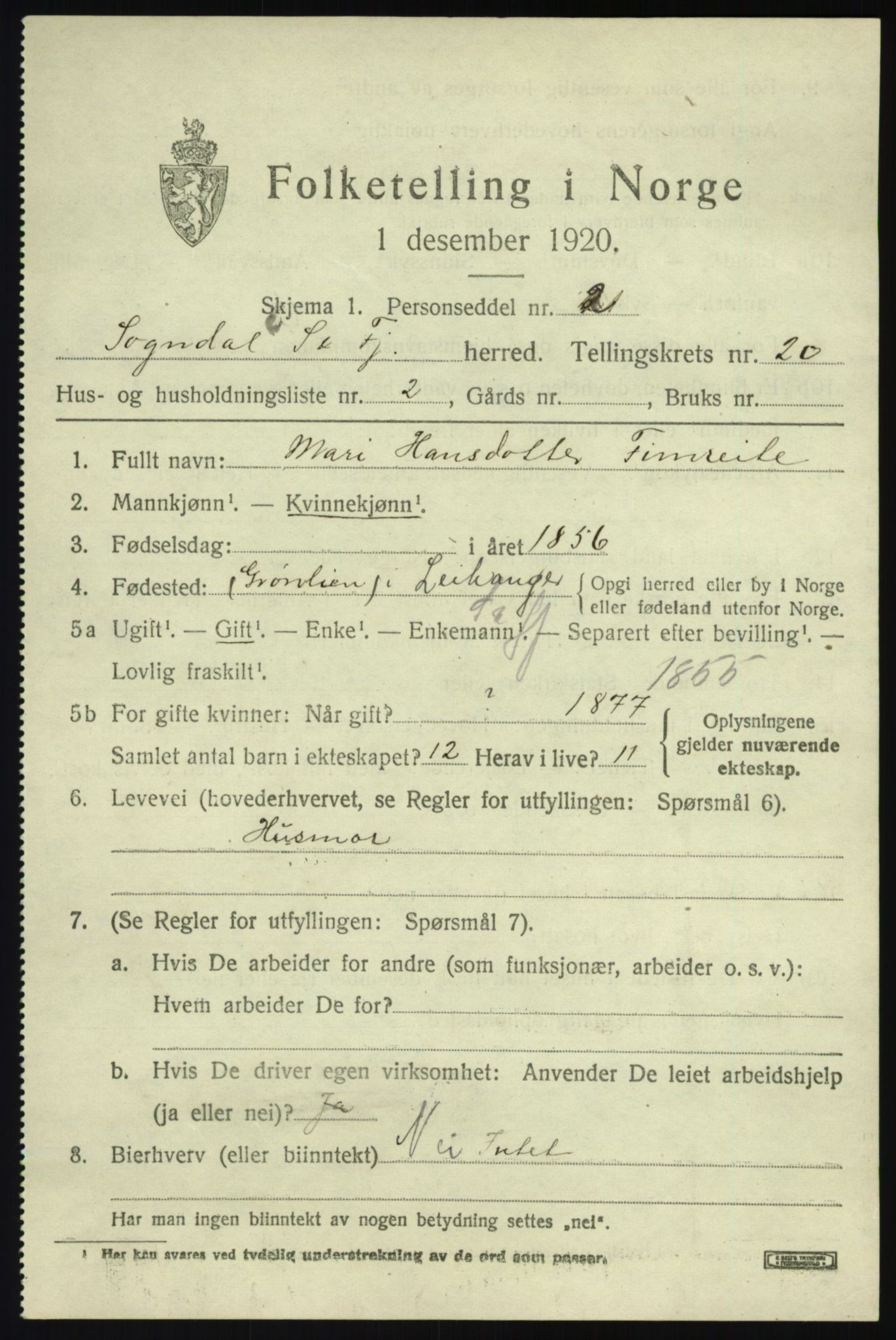 SAB, 1920 census for Sogndal, 1920, p. 7525