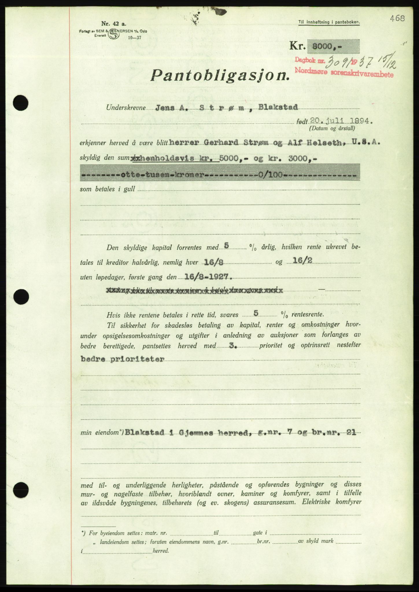 Nordmøre sorenskriveri, AV/SAT-A-4132/1/2/2Ca/L0092: Mortgage book no. B82, 1937-1938, Diary no: : 3091/1937