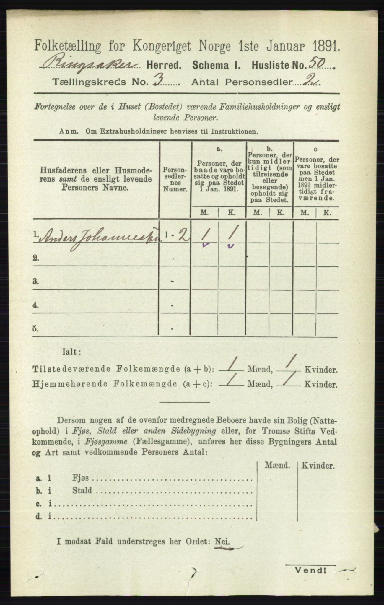 RA, 1891 census for 0412 Ringsaker, 1891, p. 1211