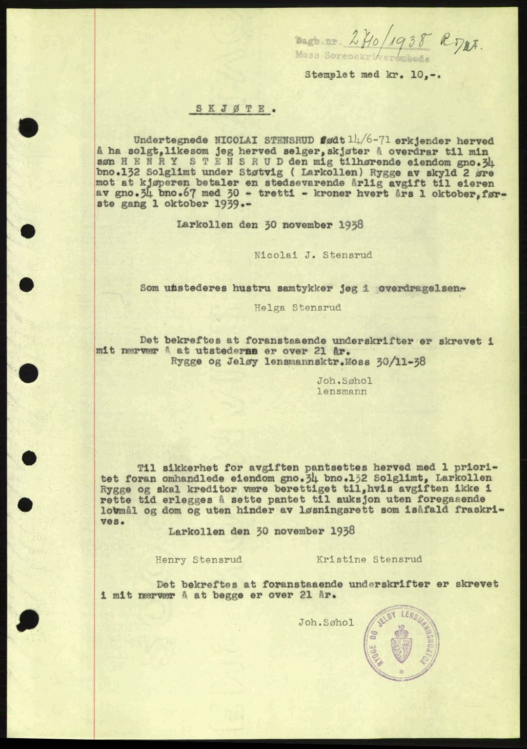 Moss sorenskriveri, SAO/A-10168: Mortgage book no. A5, 1938-1939, Diary no: : 2710/1938
