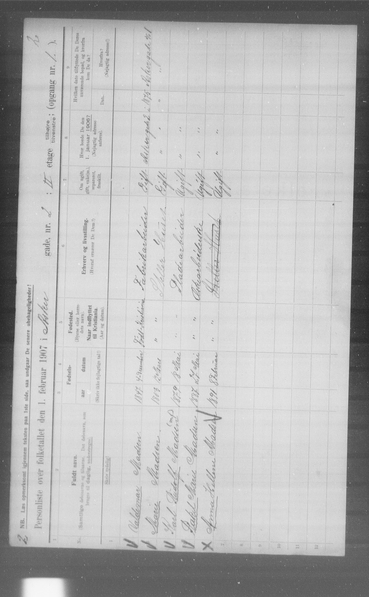 OBA, Municipal Census 1907 for Kristiania, 1907, p. 1324