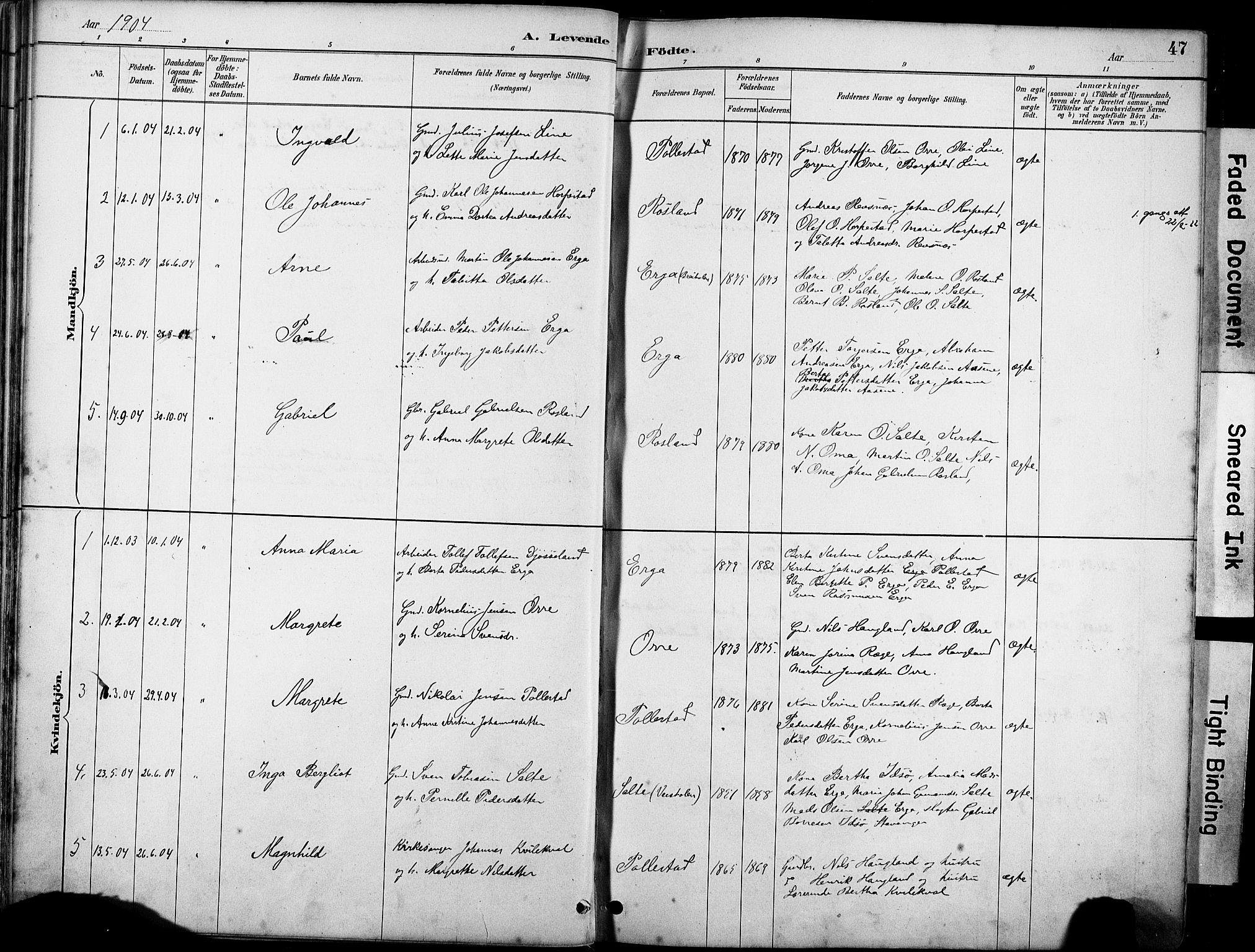 Klepp sokneprestkontor, SAST/A-101803/001/3/30BA/L0007: Parish register (official) no. A 8, 1886-1912, p. 47