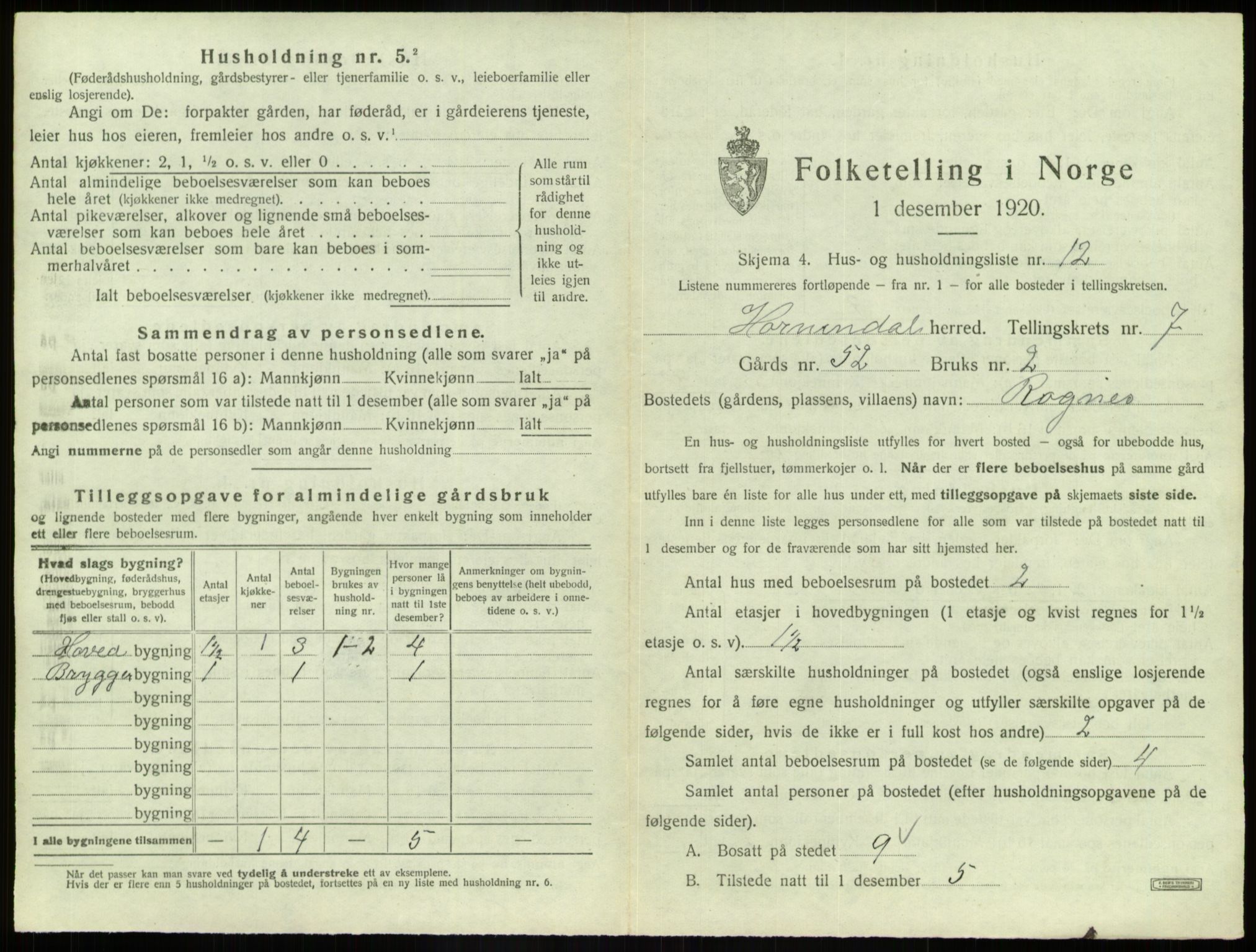 SAB, 1920 census for Hornindal, 1920, p. 495