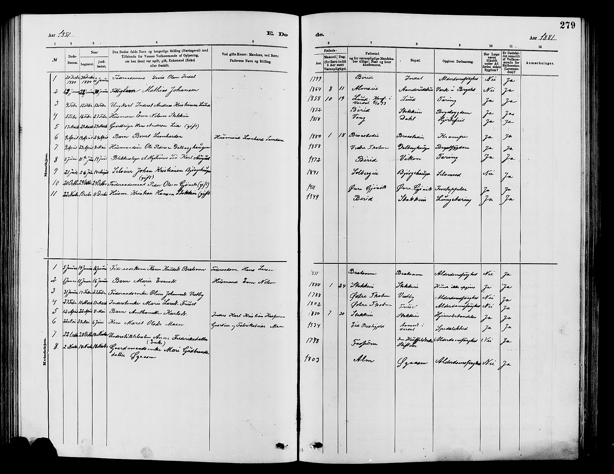Vardal prestekontor, SAH/PREST-100/H/Ha/Hab/L0007: Parish register (copy) no. 7 /1, 1881-1895, p. 279