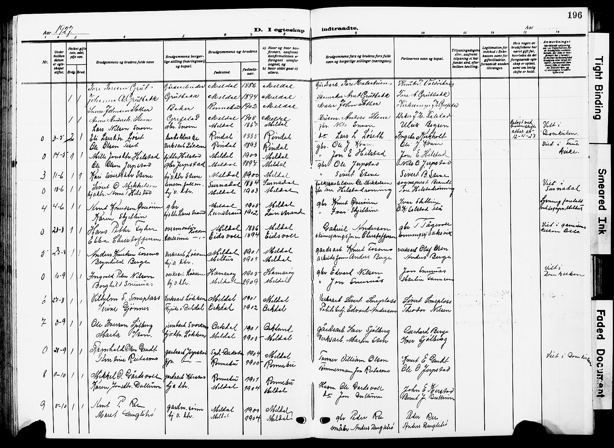 Ministerialprotokoller, klokkerbøker og fødselsregistre - Sør-Trøndelag, SAT/A-1456/672/L0865: Parish register (copy) no. 672C04, 1914-1928, p. 196