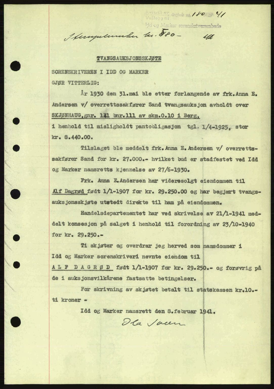 Idd og Marker sorenskriveri, AV/SAO-A-10283/G/Gb/Gbb/L0004: Mortgage book no. A4, 1940-1941, Diary no: : 180/1941