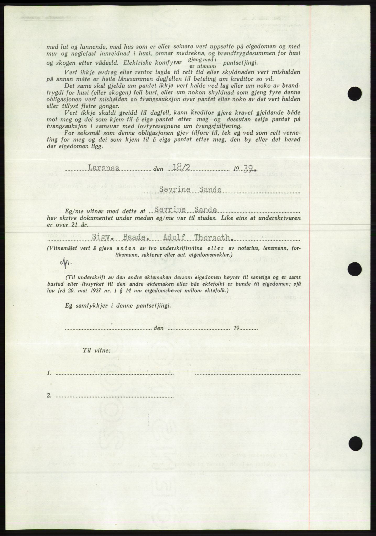 Søre Sunnmøre sorenskriveri, AV/SAT-A-4122/1/2/2C/L0067: Mortgage book no. 61, 1938-1939, Diary no: : 218/1939