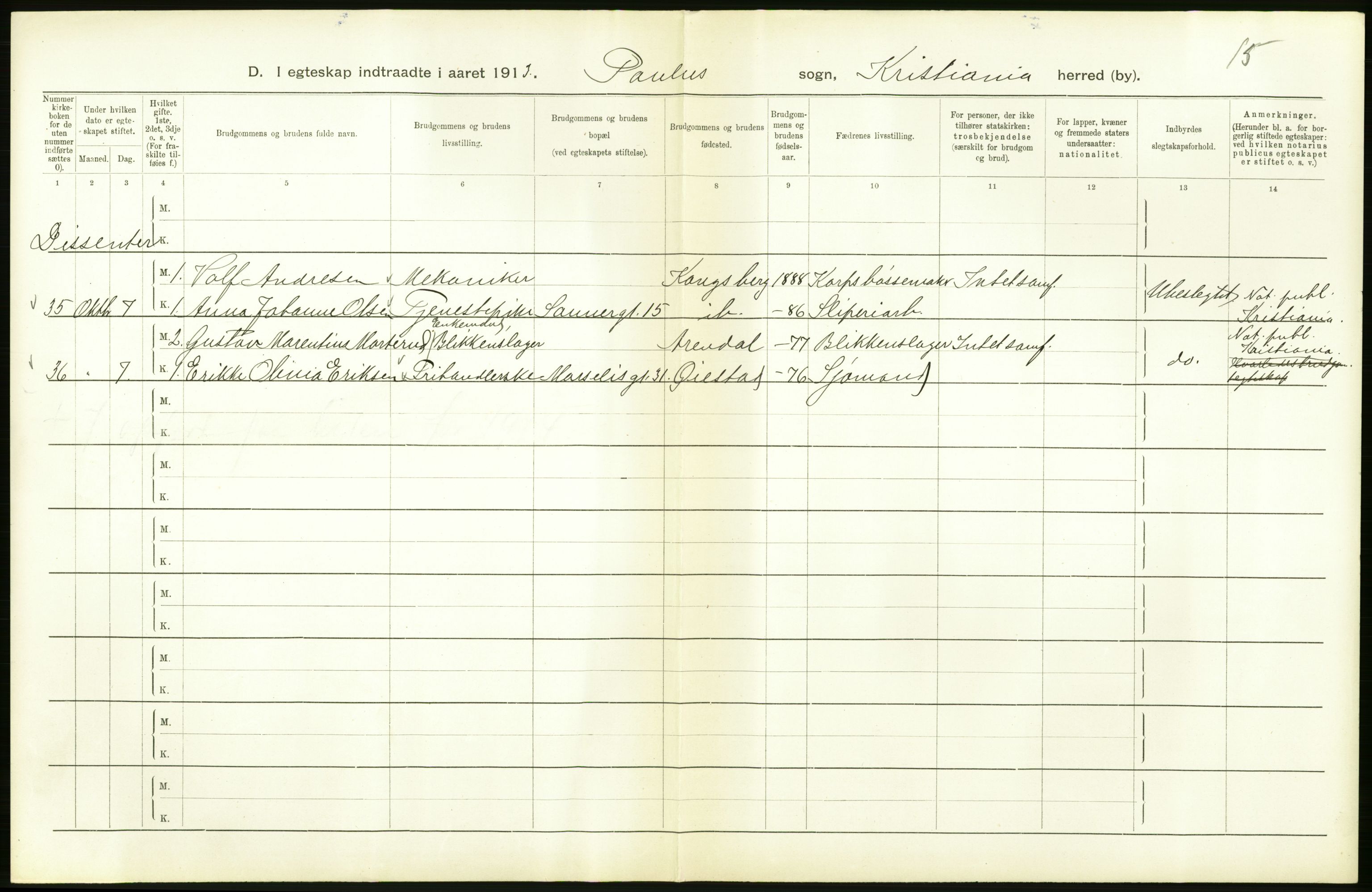 Statistisk sentralbyrå, Sosiodemografiske emner, Befolkning, AV/RA-S-2228/D/Df/Dfb/Dfbc/L0008: Kristiania: Gifte., 1913, p. 290