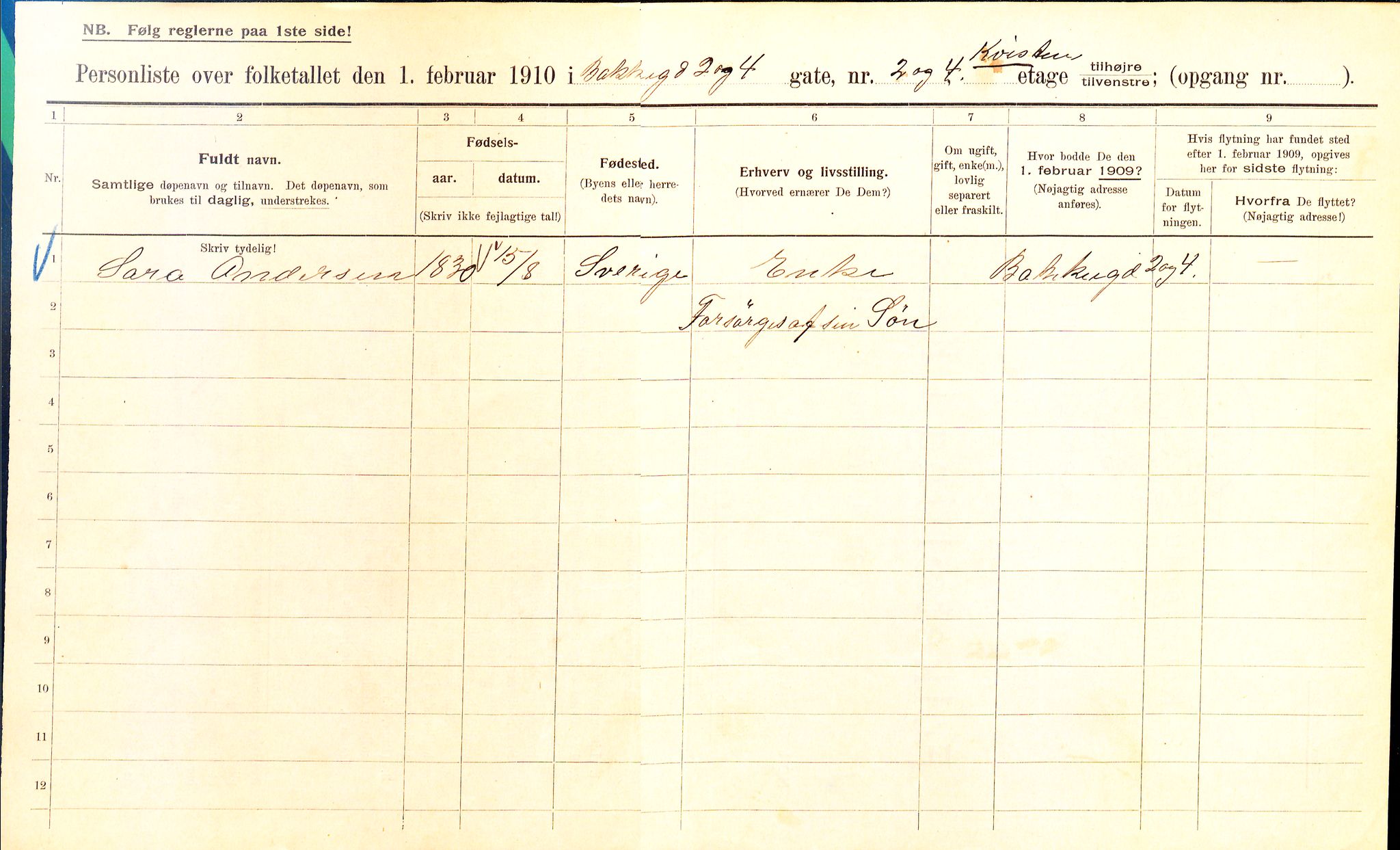 OBA, Municipal Census 1910 for Kristiania, 1910, p. 2534