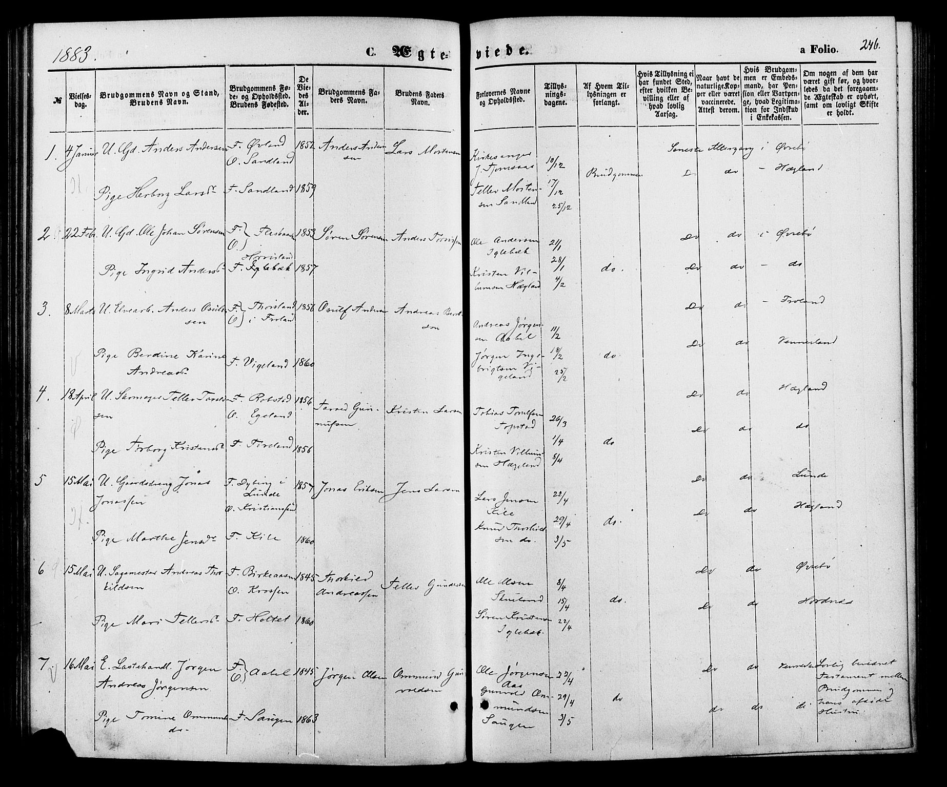Vennesla sokneprestkontor, SAK/1111-0045/Fa/Fac/L0008: Parish register (official) no. A 8, 1874-1883, p. 246