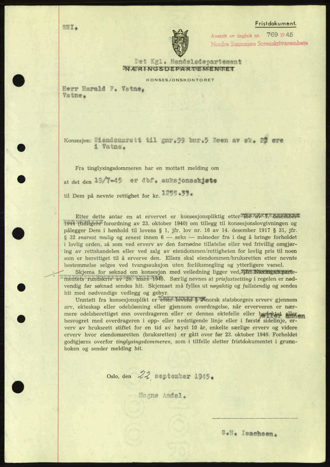 Nordre Sunnmøre sorenskriveri, SAT/A-0006/1/2/2C/2Ca: Mortgage book no. B6-14 a, 1942-1945, Diary no: : 769/1945