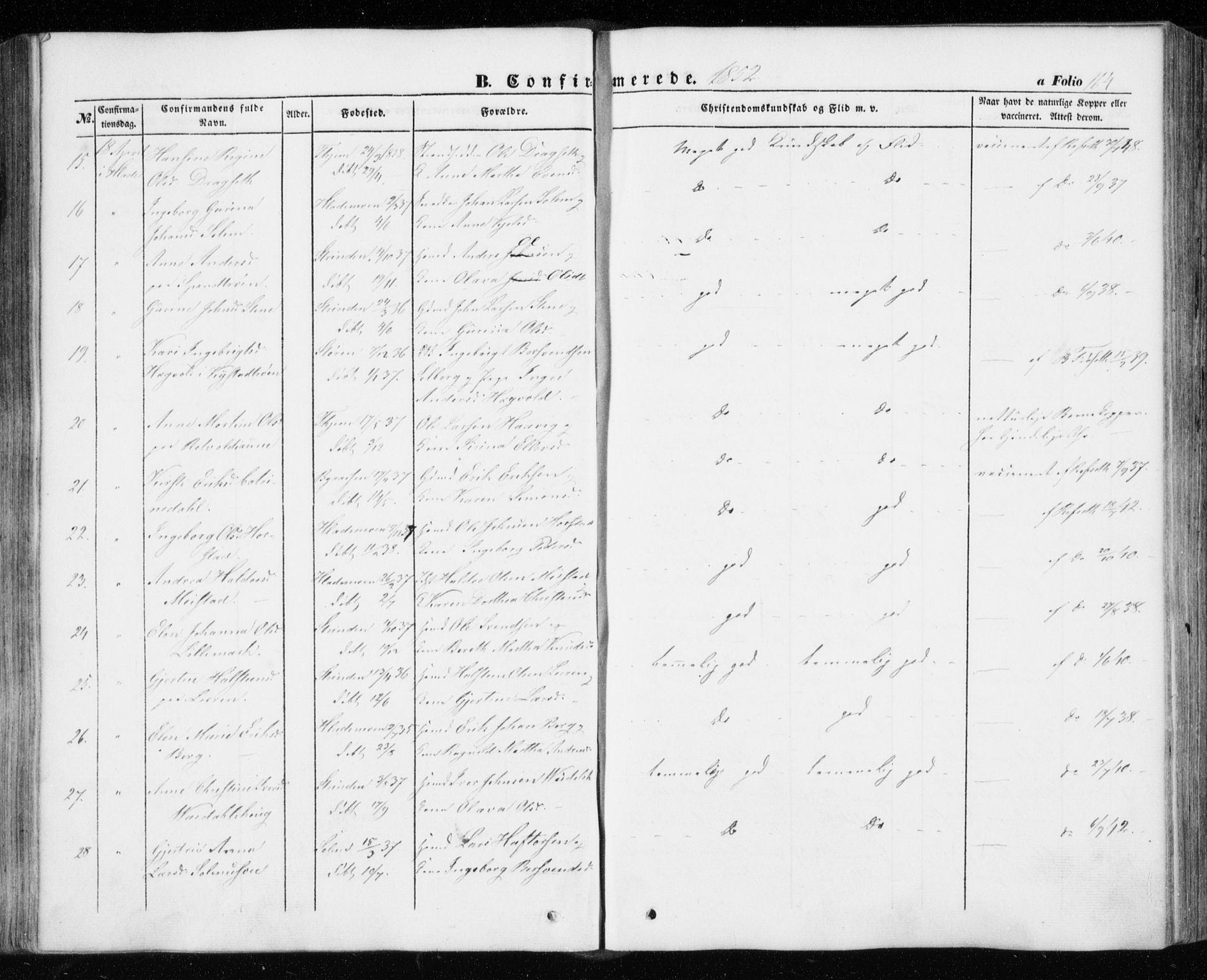 Ministerialprotokoller, klokkerbøker og fødselsregistre - Sør-Trøndelag, SAT/A-1456/606/L0291: Parish register (official) no. 606A06, 1848-1856, p. 164