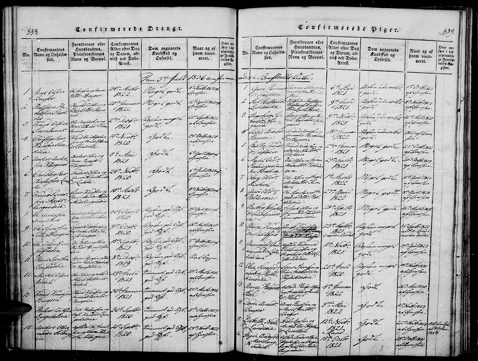Sør-Aurdal prestekontor, SAH/PREST-128/H/Ha/Haa/L0003: Parish register (official) no. 3, 1825-1840, p. 538-539
