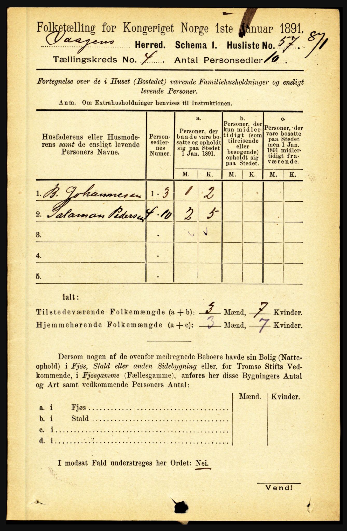 RA, 1891 census for 1865 Vågan, 1891, p. 933