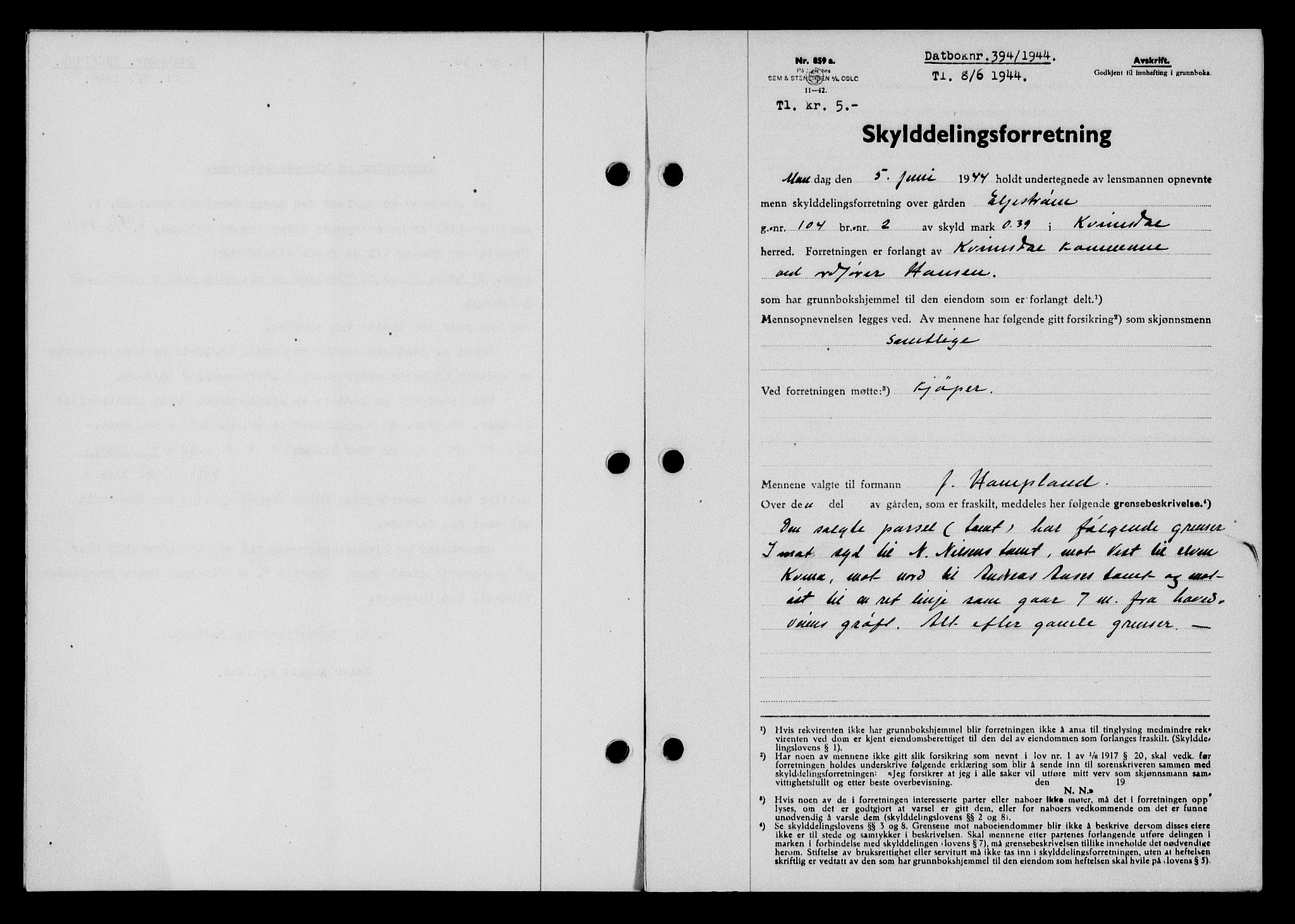 Flekkefjord sorenskriveri, SAK/1221-0001/G/Gb/Gba/L0059: Mortgage book no. A-7, 1944-1945, Diary no: : 394/1944