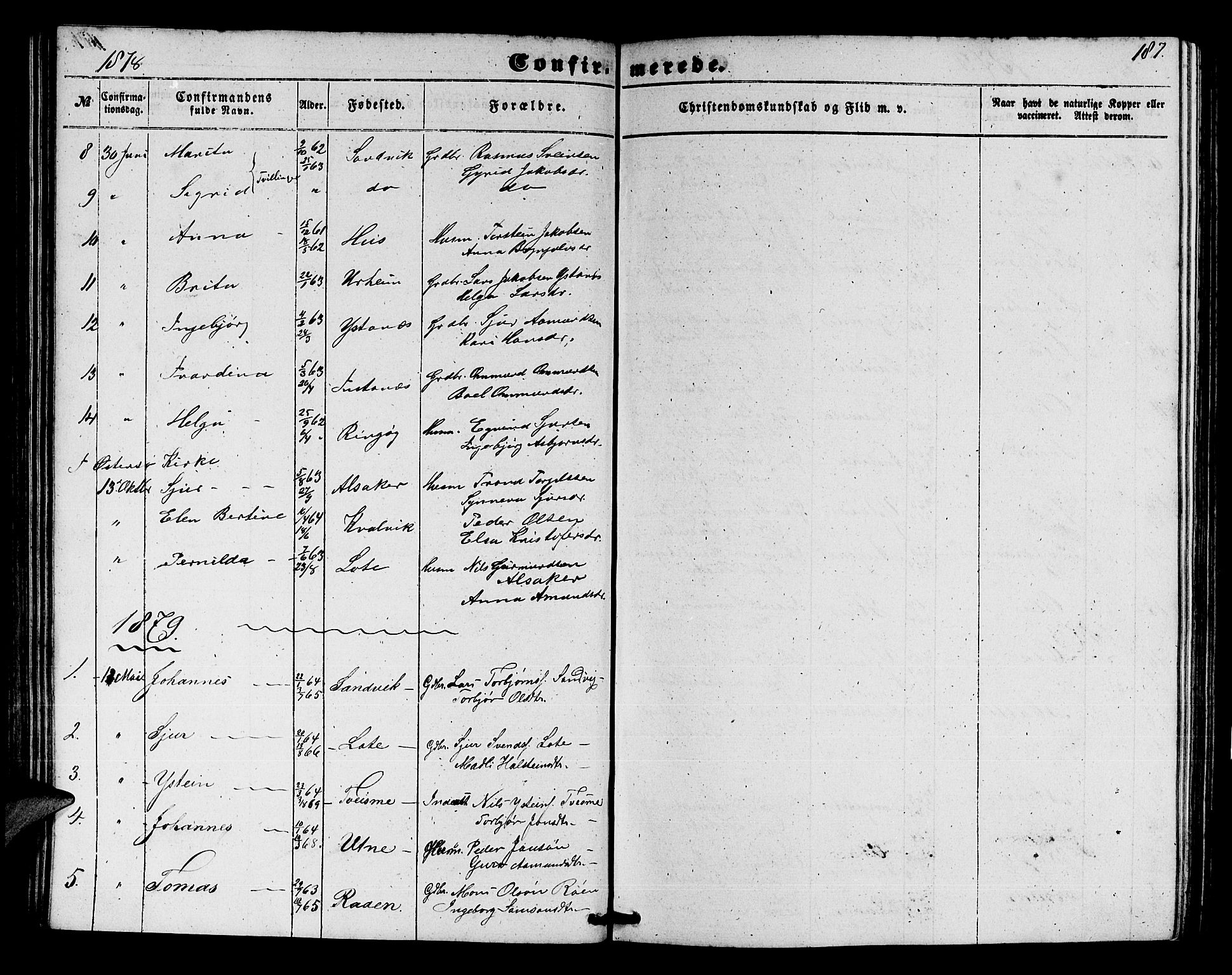 Ullensvang sokneprestembete, SAB/A-78701/H/Hab: Parish register (copy) no. E 6, 1857-1886, p. 187