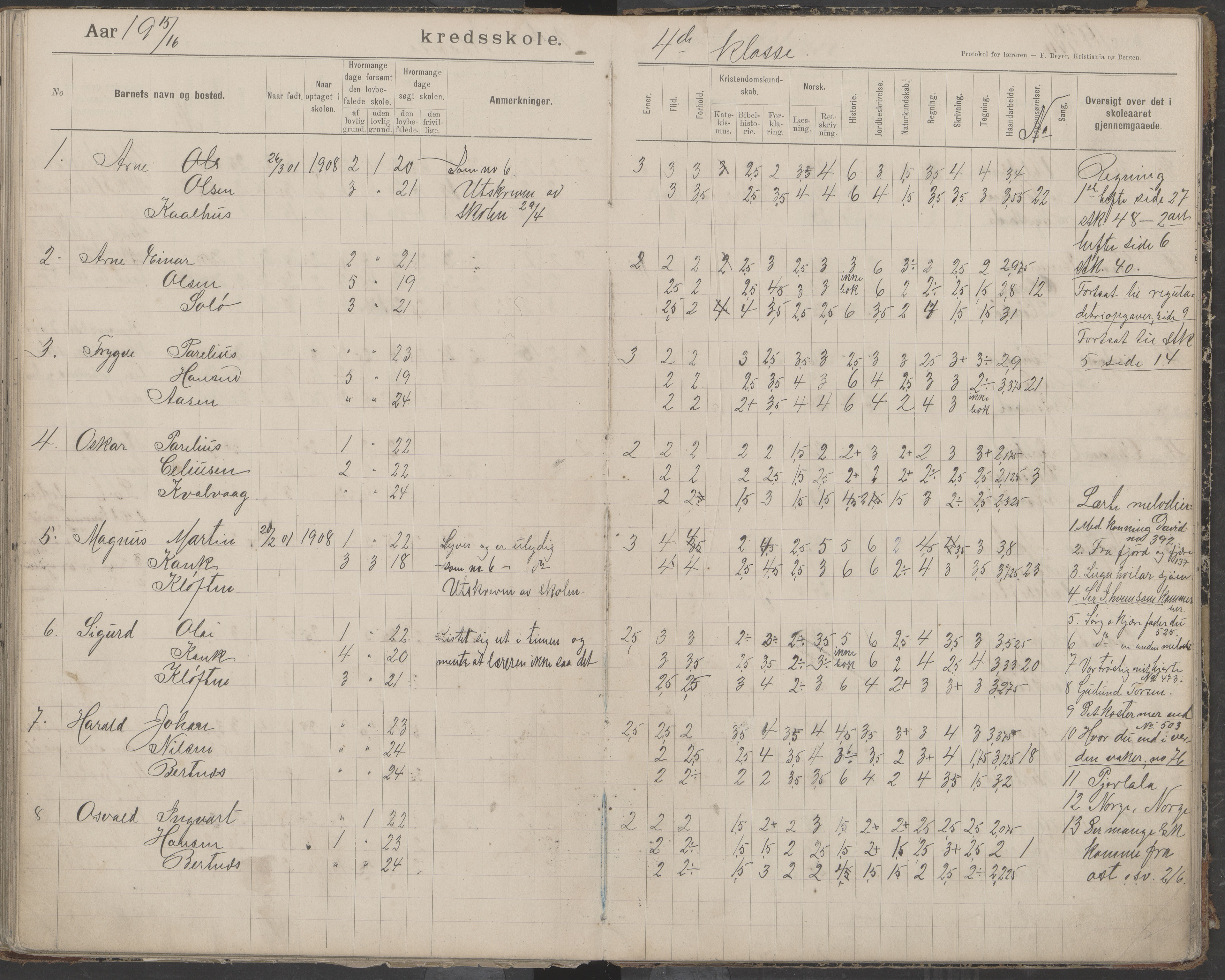 Bodin kommune. Støver skolekrets, AIN/K-18431.510.07/F/Fa/L0006: Protokoll lærere i Støver skolekrets, 1908-1918