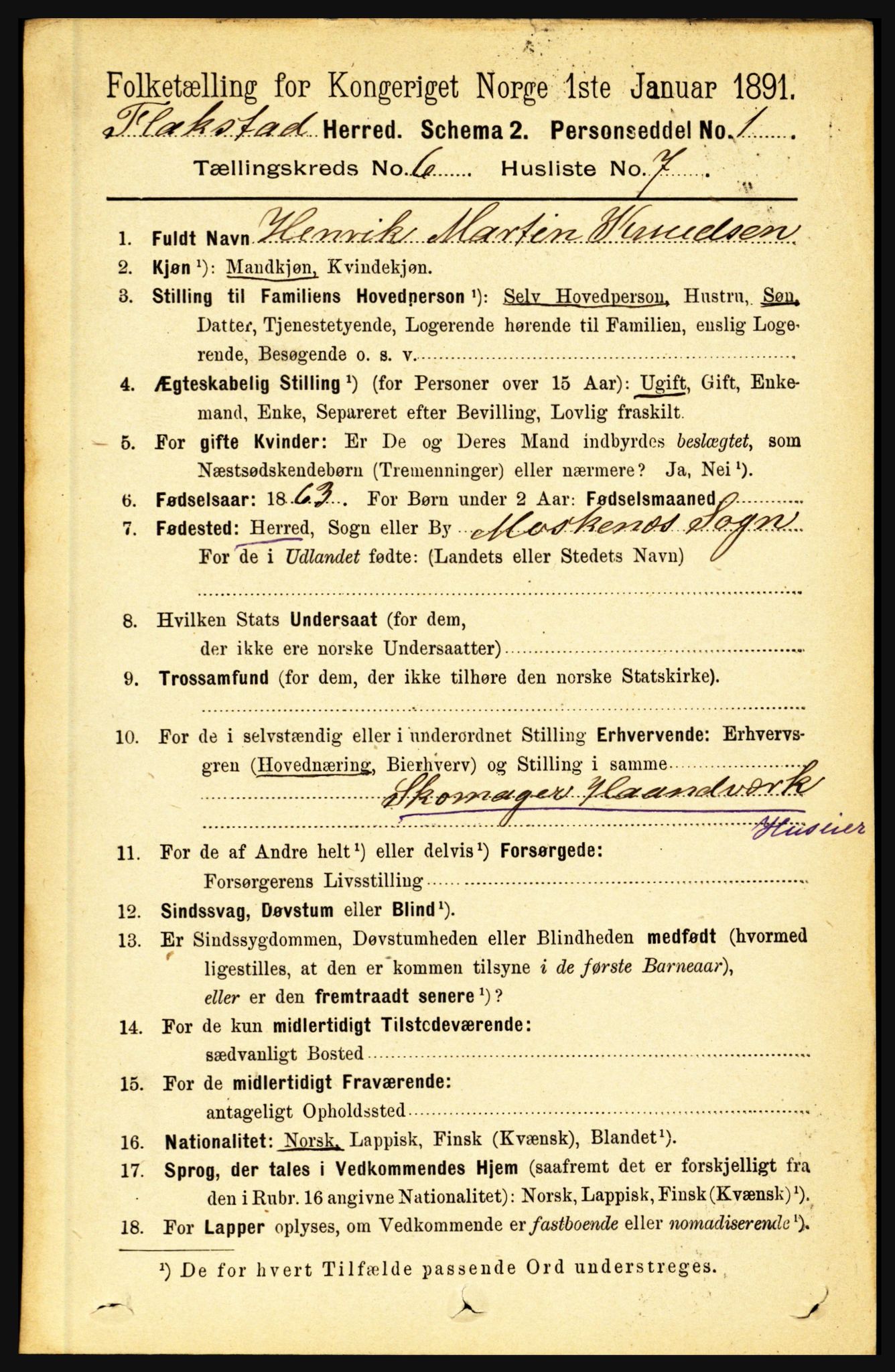 RA, 1891 census for 1859 Flakstad, 1891, p. 2982