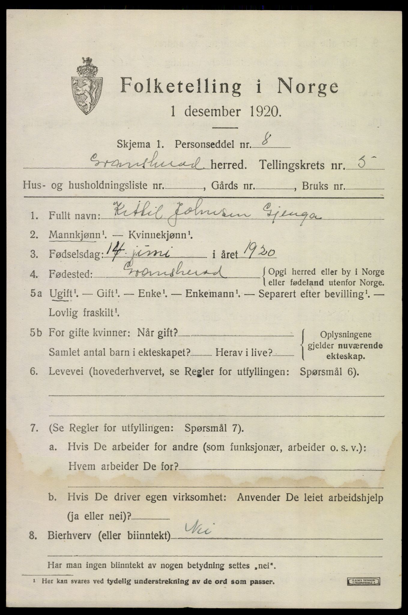 SAKO, 1920 census for Gransherad, 1920, p. 2308