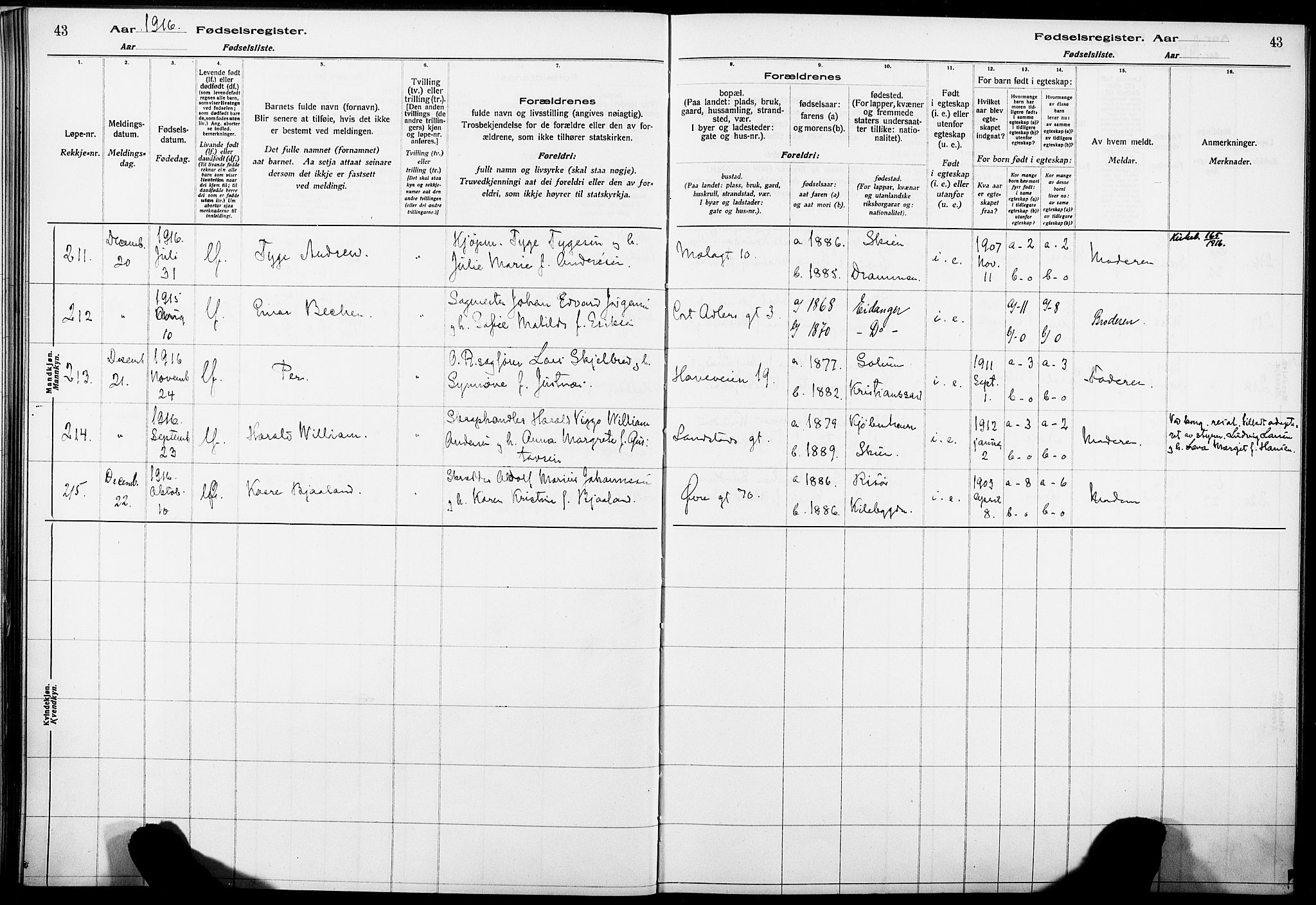 Skien kirkebøker, AV/SAKO-A-302/J/Ja/L0001: Birth register no. 1, 1916-1920, p. 43