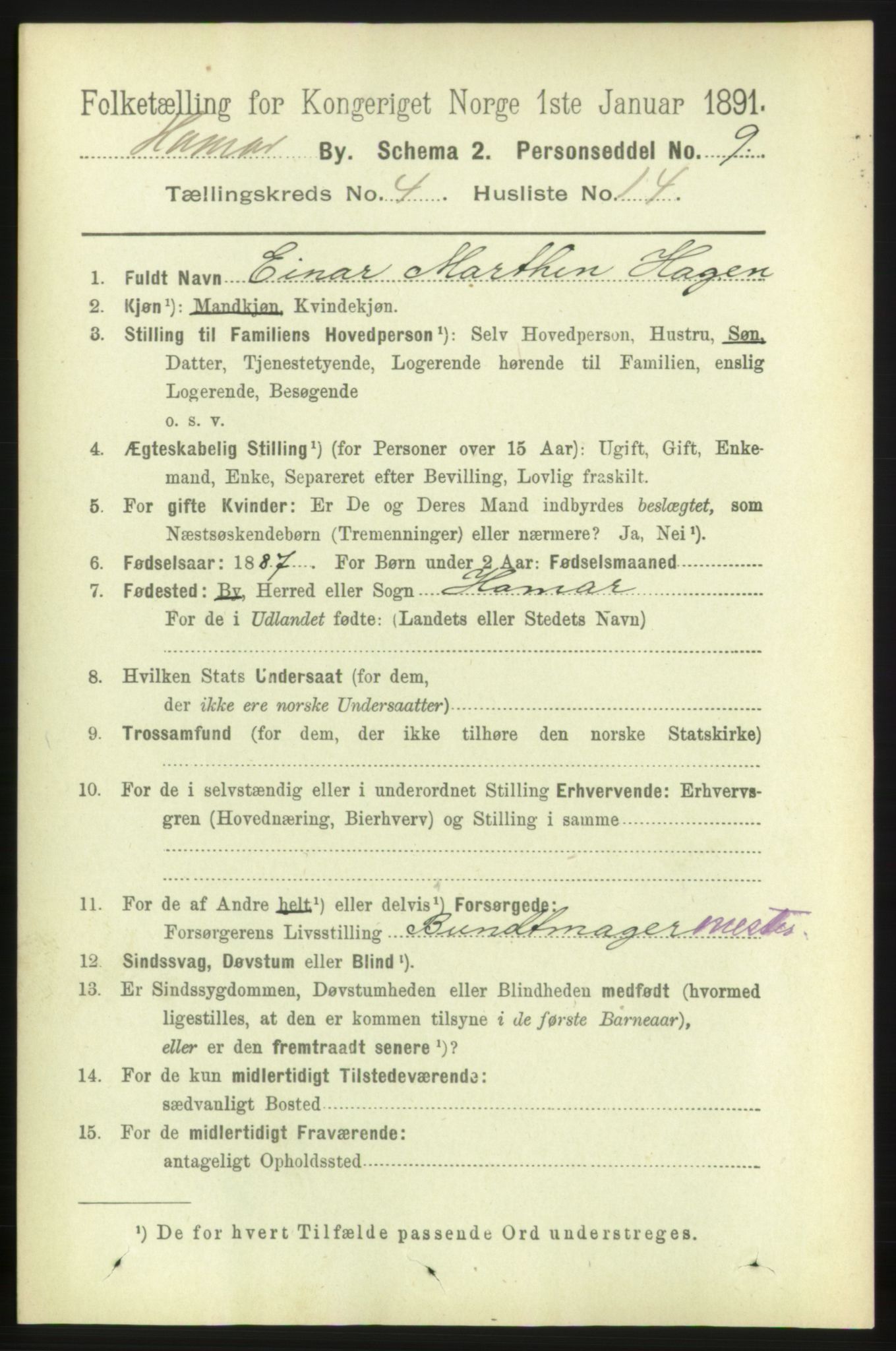 RA, 1891 census for 0401 Hamar, 1891, p. 3034