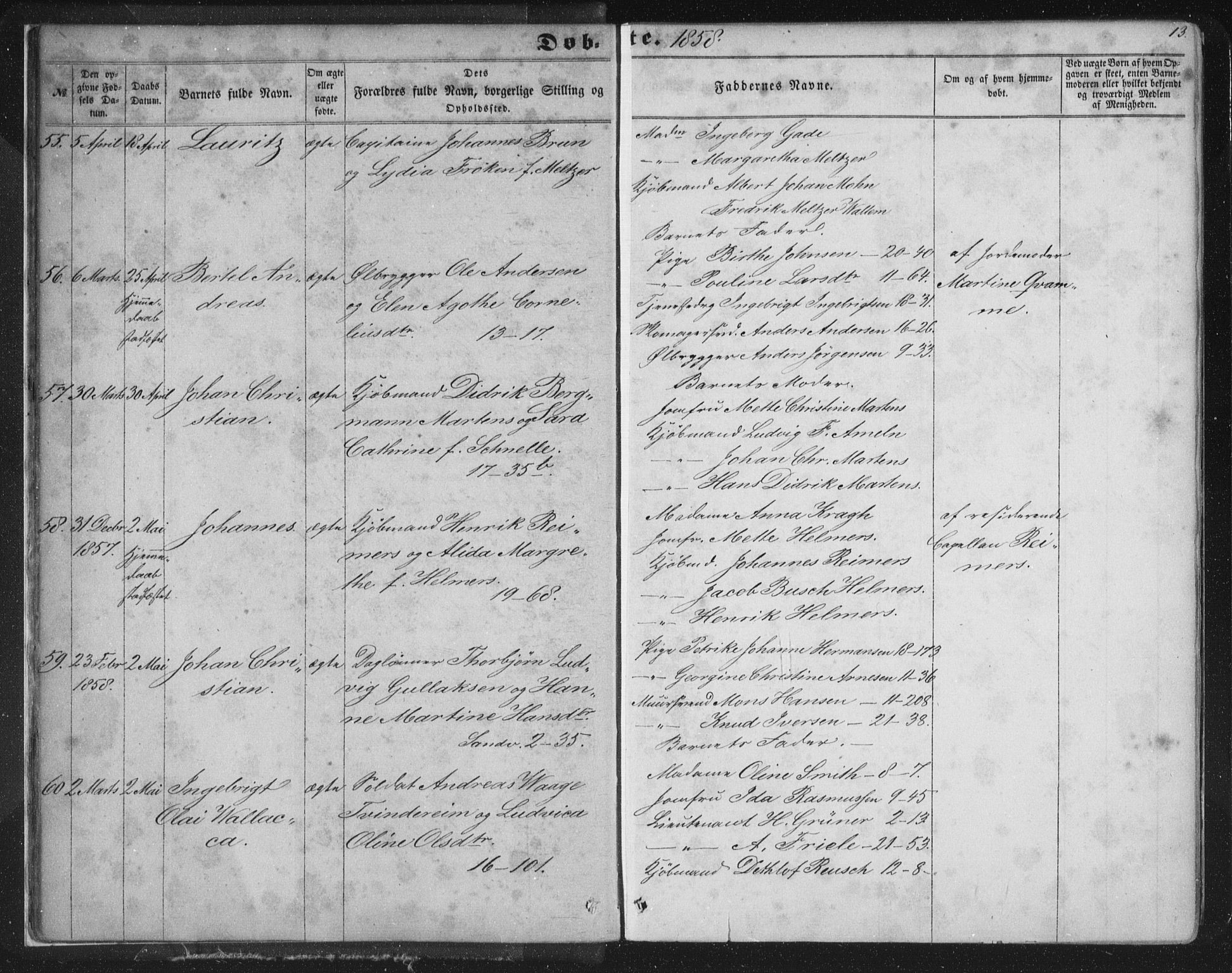 Korskirken sokneprestembete, SAB/A-76101/H/Haa/L0018: Parish register (official) no. B 4, 1857-1866, p. 13
