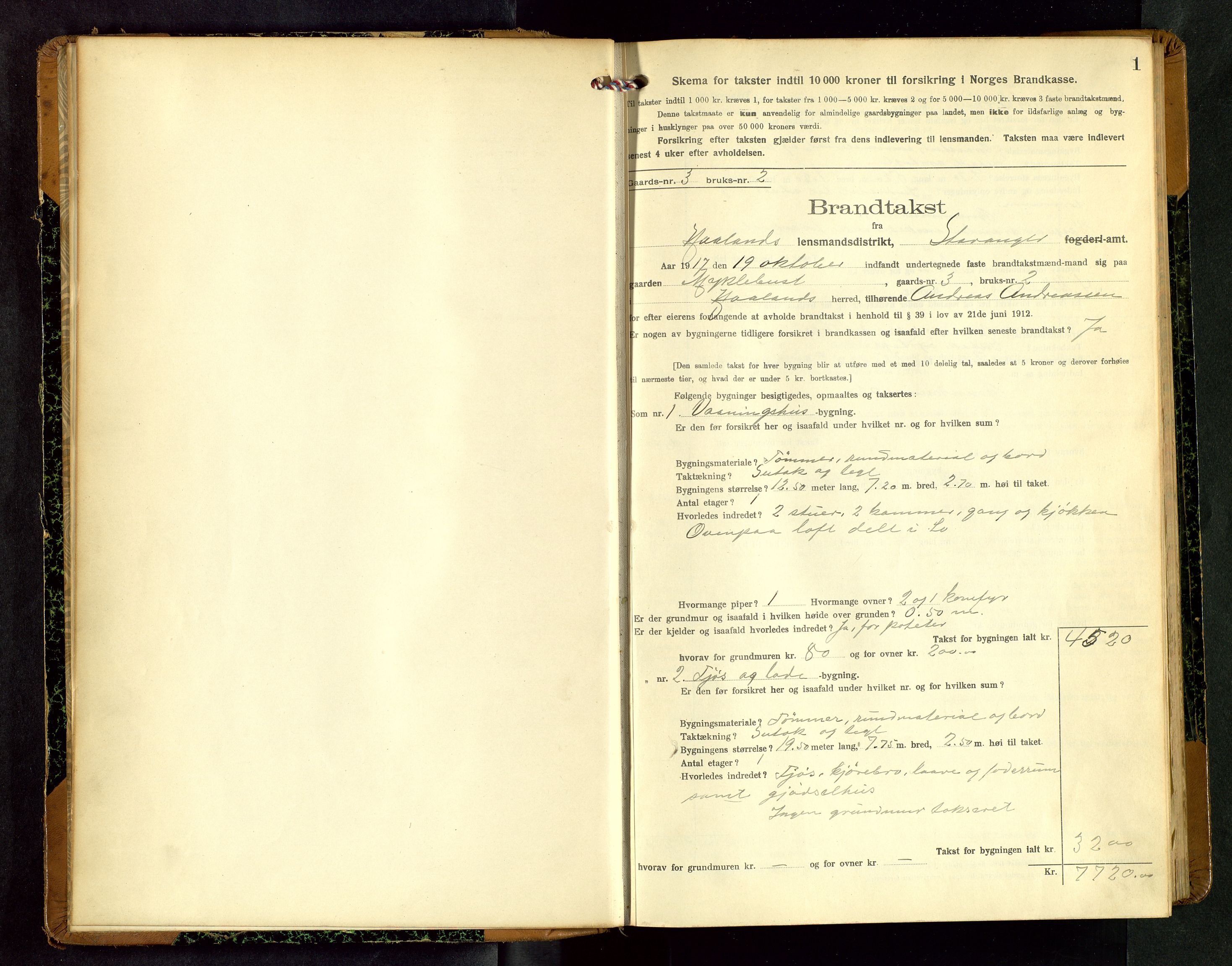 Håland lensmannskontor, SAST/A-100100/Gob/L0006: Branntakstprotokoll - skjematakst. Register i boken., 1917-1920, p. 1