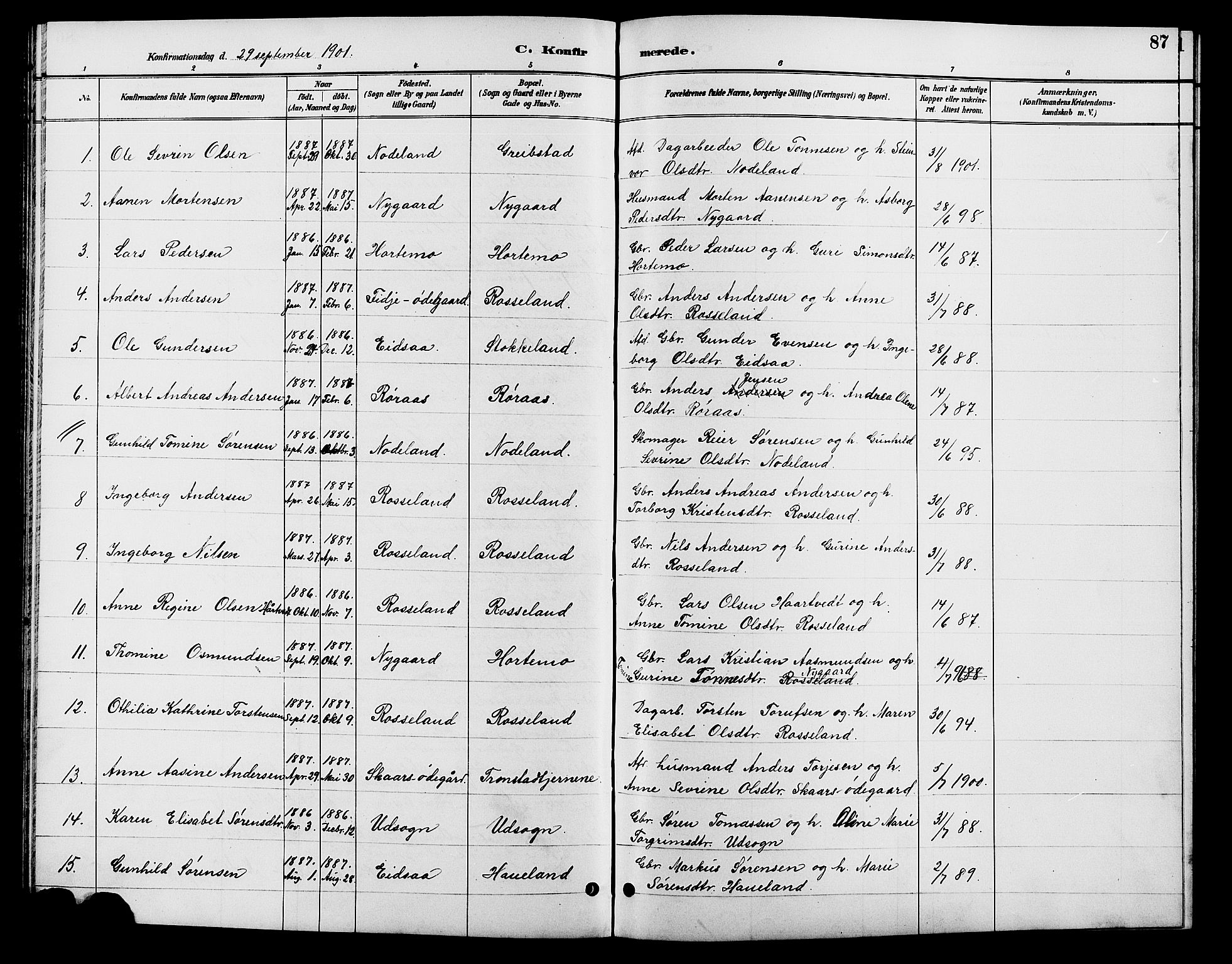 Søgne sokneprestkontor, SAK/1111-0037/F/Fb/Fba/L0004: Parish register (copy) no. B 4, 1888-1903, p. 87